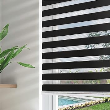 Joydeco Cordless Zebra Blinds for Windows, Dual Layer Free-Stop Zebra Shades Privacy Light Control for Day and Night, Light Filtering Sheer Blinds for Indoor Windows (Black, 55" W x Custom H)