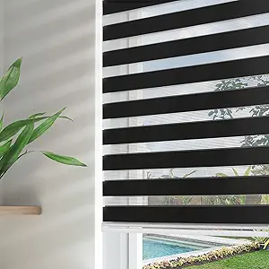 Joydeco Cordless Zebra Blinds for Windows, Dual Layer Free-Stop Zebra Shades Privacy Light Control for Day and Night, Light Filtering Sheer Blinds for Indoor Windows (Black, 55" W x Custom H)