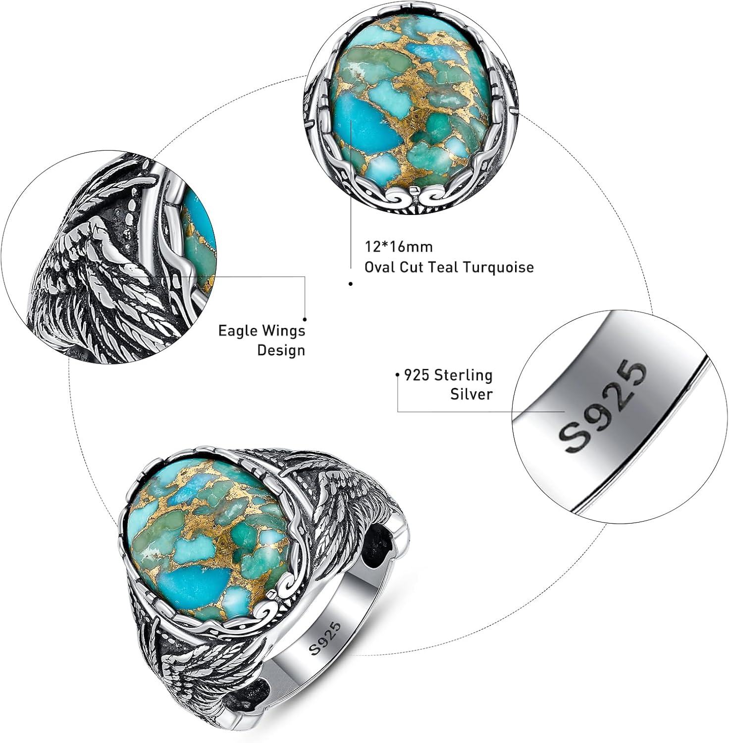Yaresul Oval Men's Turquoise Eagle Wings Ring, Sterling Silver Vintage Mens Thumb Pinky Ring, Oxidized Bezel Setting Teal Size 8-12