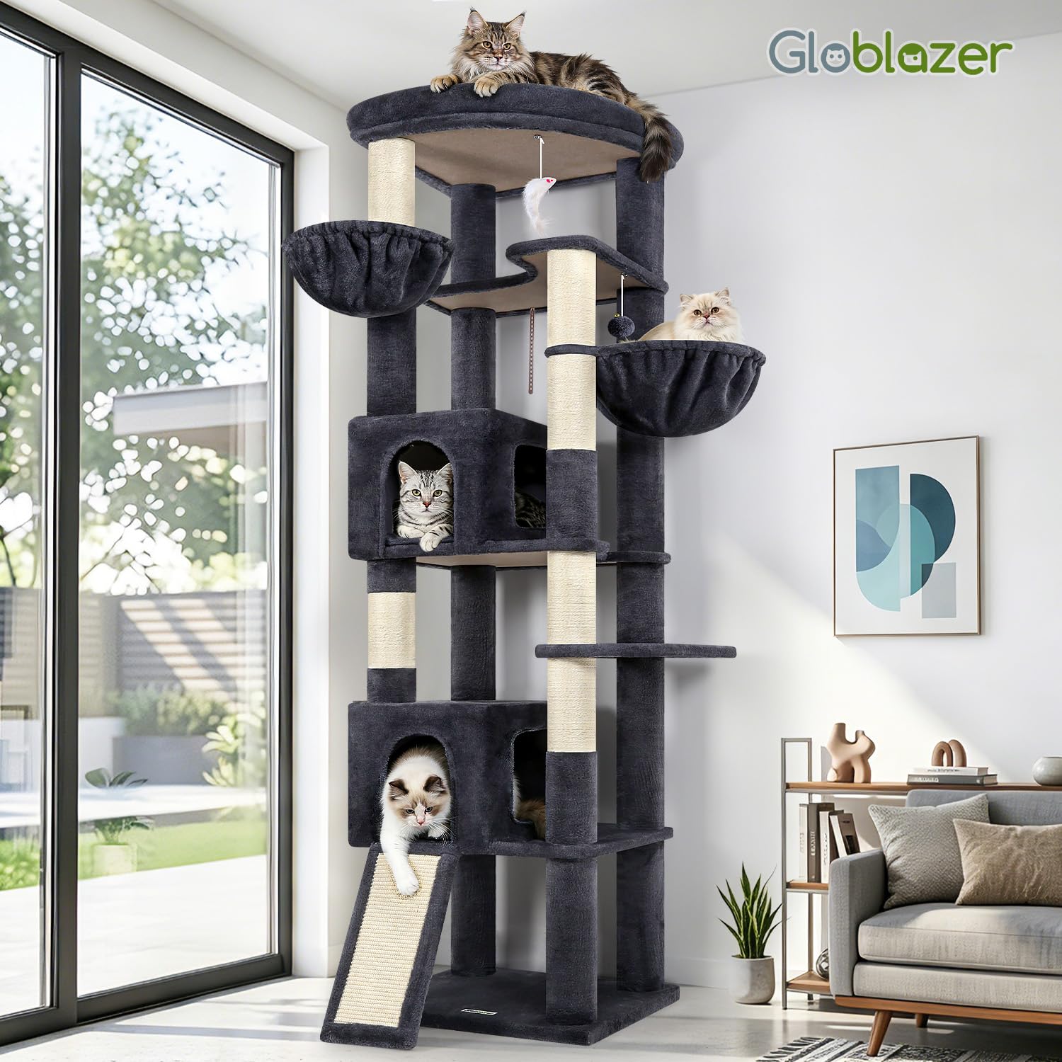 Globlazer Drapak XXL, wysokość 202 cm, z dużą, wyściełaną platformą 50 x 45 cm, 2 kosze, sizalowa deska do drapania, dla dużych kotów, do odpoczynku, zabawy wewnątrz (C80, ciemnoszare)