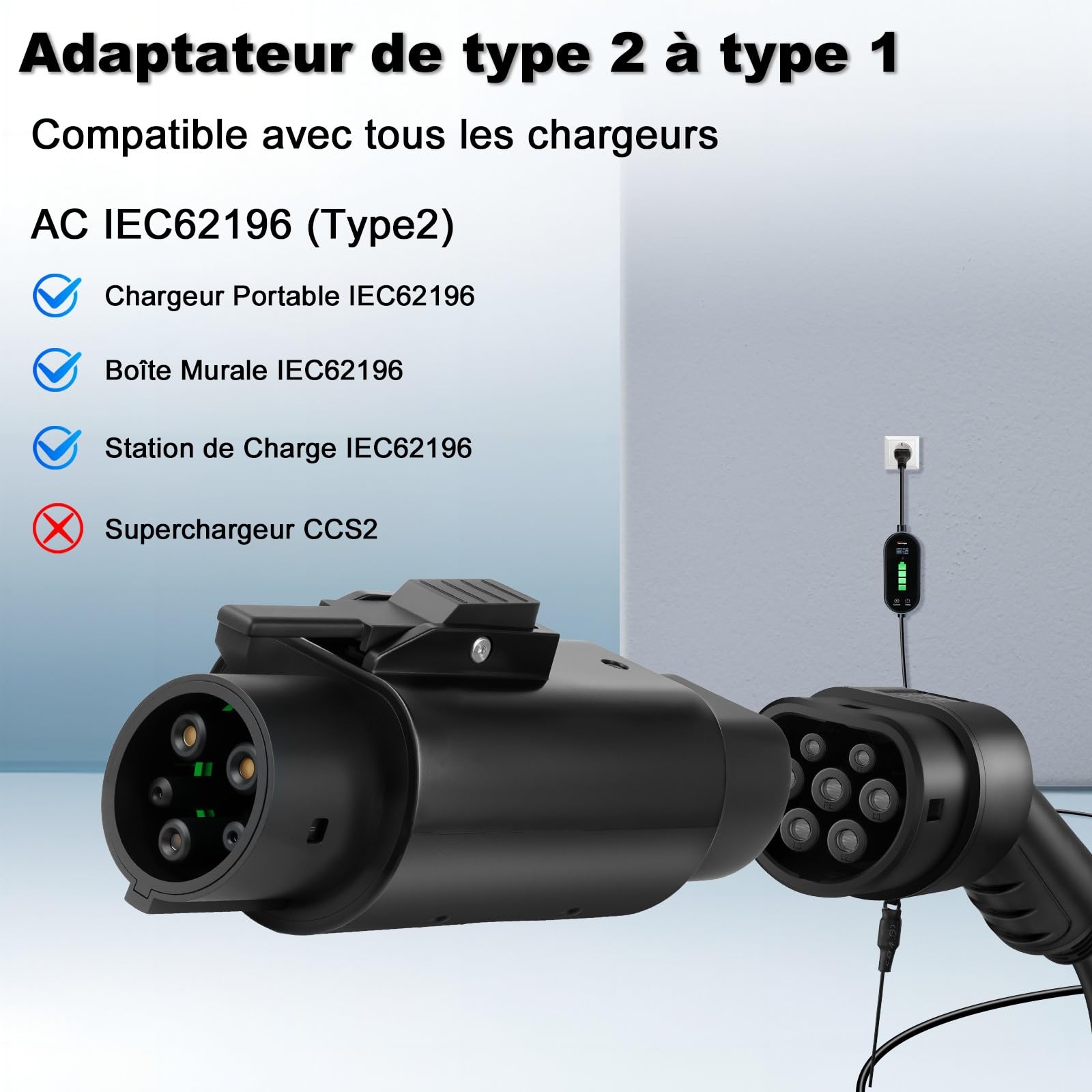Adaptateur Type 2 vers Type 1 pour véhicules électriques, 32A CA | Adaptateur pour véhicules électriques IEC 62196 vers J1772 avec Clip Anti-Chute, Connecteur de charge rapide, étanche IP54