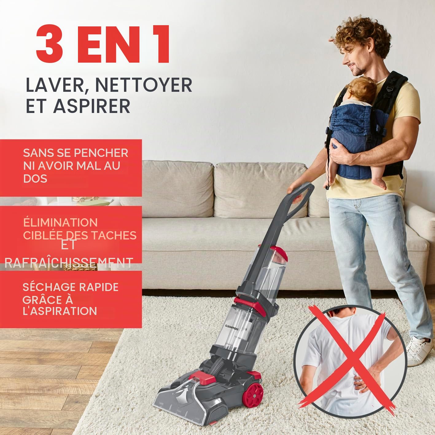 CLEANmaxx Nettoyeur de tapis | 3 en 1 : Laver, nettoyer, aspirer | Aspirateur à eau avec brosses vibrantes & brosses latérales | Aspirateur laveur, aspirateur à sec - pour presque tous les tapis