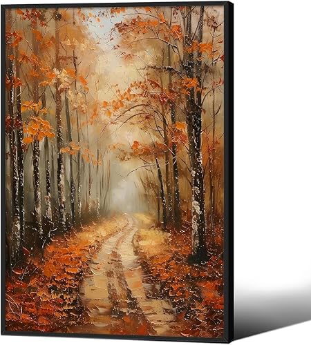 Miniatura 21 de Jefuzh Arte de pared de paisaje de naturaleza otoñal, póster de paisaje de árbol de bosque de otoño, hojas de arce retro, pintura al óleo, Vintage