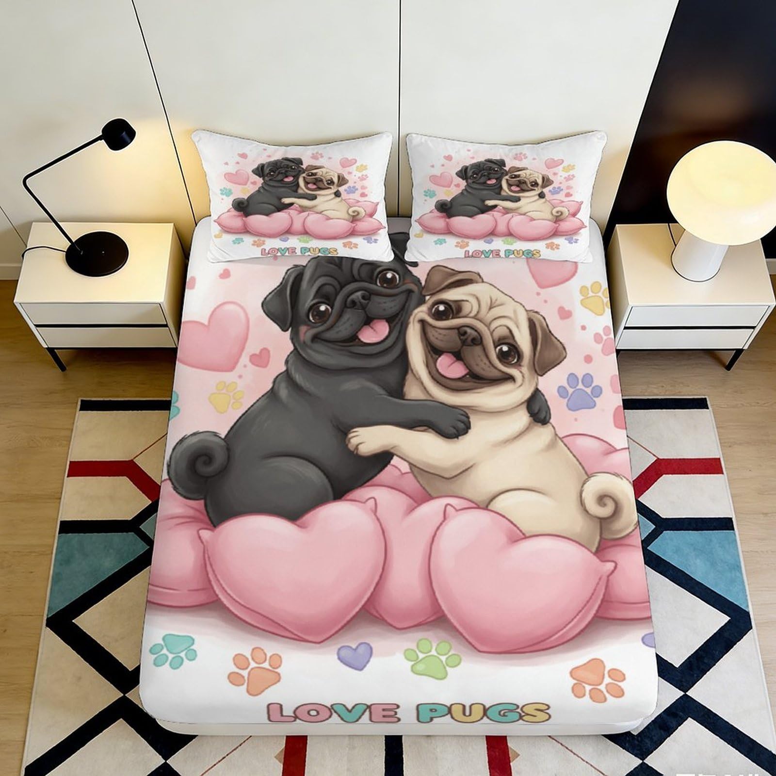 3D Printed Cute Pug Dog Fitted Sheet Microfiber Soft Breathable Cartoon Heart Bed Cover for Bedroom Dorm Decor 90x200x25cm