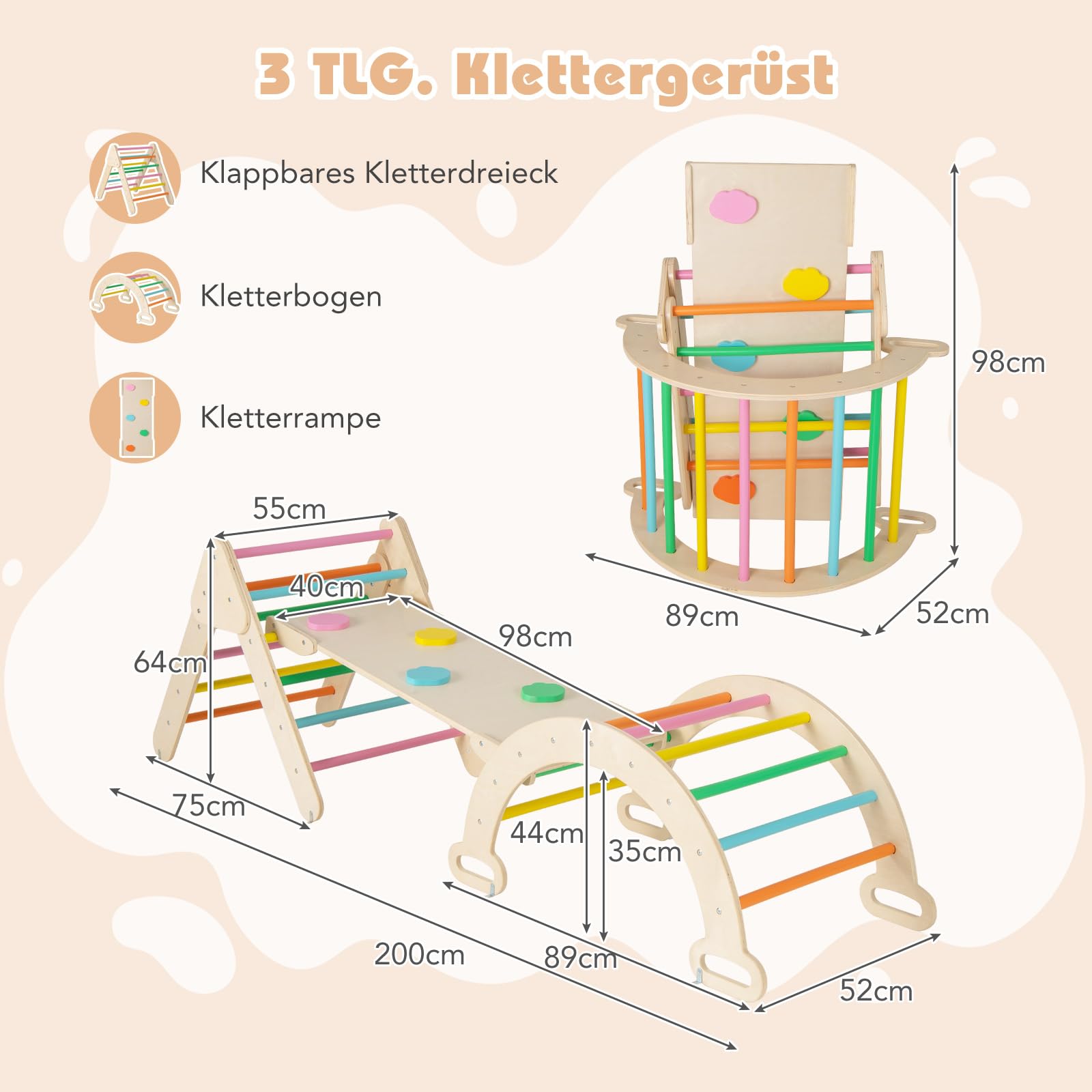 COSTWAY Klettergerüst Indoor, inkl. Kletterdreieck & Kletterbogen & Rampe, Indoor Spielgeräte Holz, Sprossendreieck Frei kombinierbar, Klettern Kinder Indoor ab 1 Jahr (Bunt)
