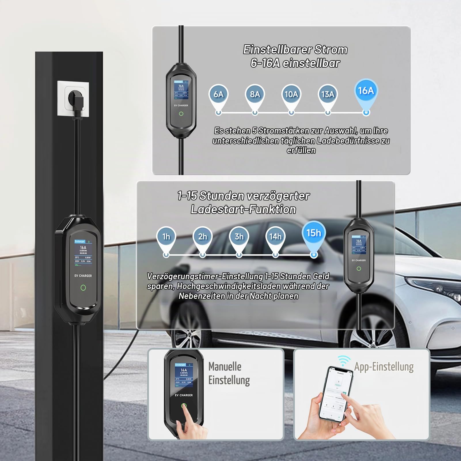 Mobile Wallbox, 3,6kW Typ 2 Ladekabel Schuko, 8M EV Ladekabel | Typ 2 Ladegerät Einstellbare Strom 6/8/10/13/16A, 1-15H Verzögerungszeit EV Ladekabel e Auto mit APP, IEC 62196-2