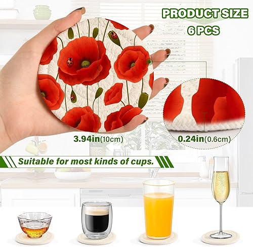 Miniatura 3 de Vibrant Floral Pattern Poppy Drink Coasters Set Coasters for Coffee Table with Holder Set of 6 Table Cup Coasters