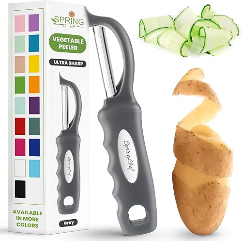 Miniatura 16 de Spring Chef Pelador de verduras giratorio profesional rojo para cocina, peladores de papas de acero inoxidable con mango de agarre suave, perfecto