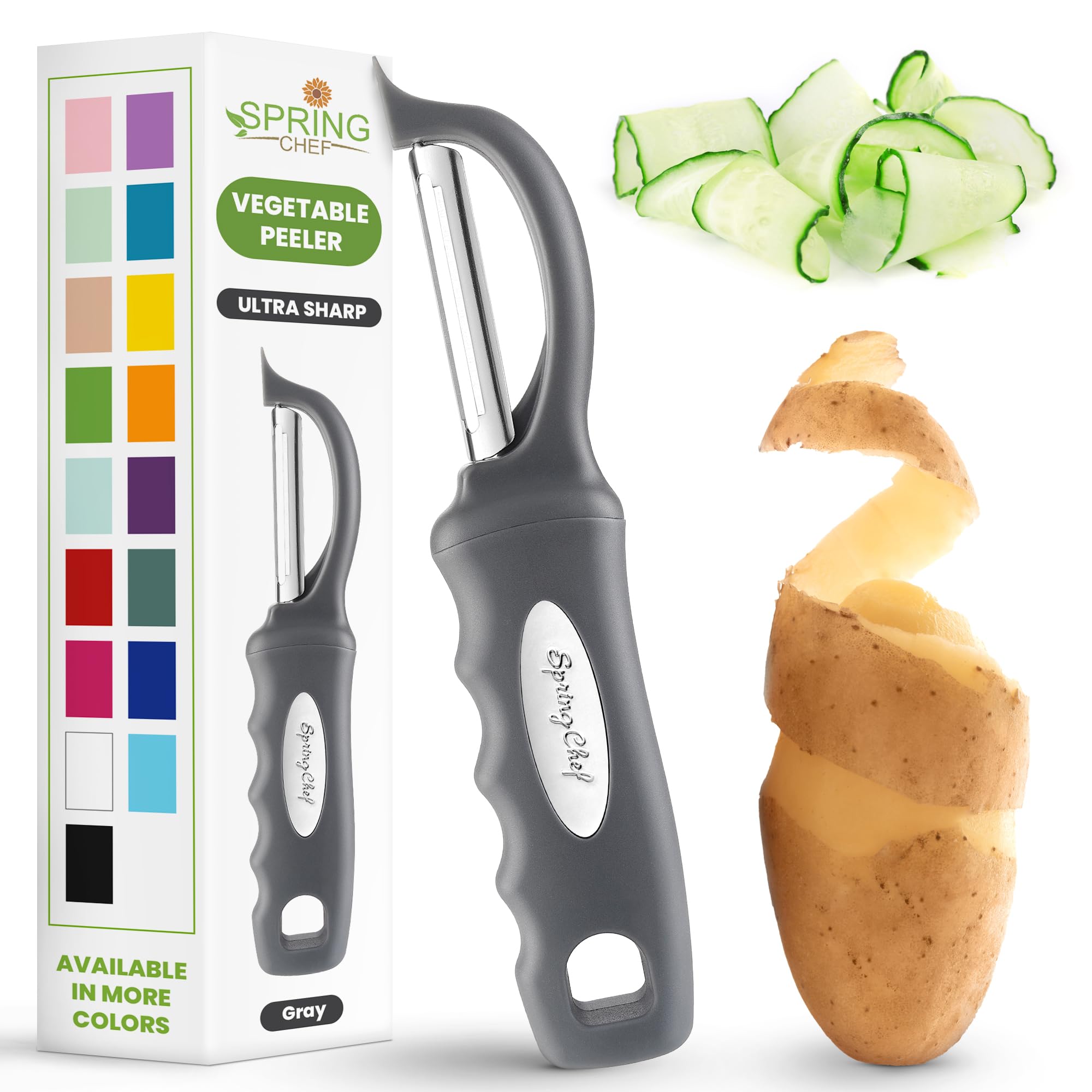 Spring Chef Premium Swivel Vegetable Peeler, Comfortable Handle and Ultra Sharp Stainless Steel Blades - Perfect Kitchen Peeler For Veggie, Fruit, Potato, Carrot, Apple - Gray