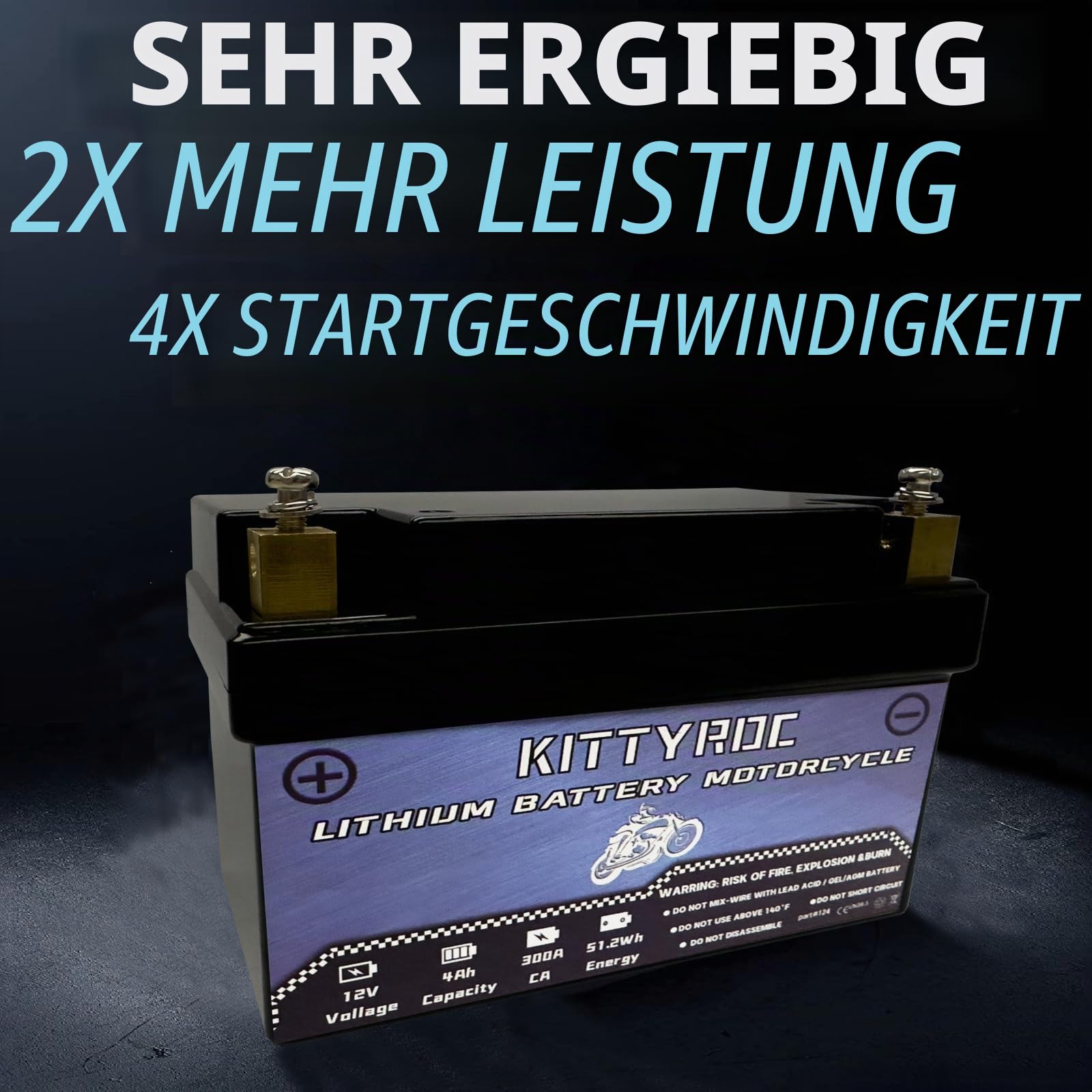 12V Lithium Motorrad Batterie 4Ah 300A, Square Terminal LiFePO4 Batterie mit Smart BMS, Ersatz ATV, UTV, Motorrad, Rasenmäher, Jet Ski, Schneemobil, 4 Wheeler, Traktor, Roller