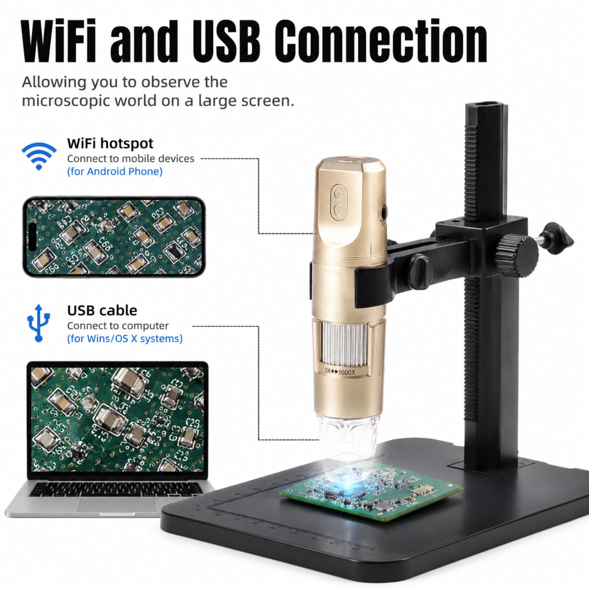 Microscopio Digital USB 1600X WiFi Microscopio de Aprendizaje Inalámbrico Fotografía y Grabación 1080P, con 8 LED y Soporte Ajustable para Profesores, Estudiantes, Colecci