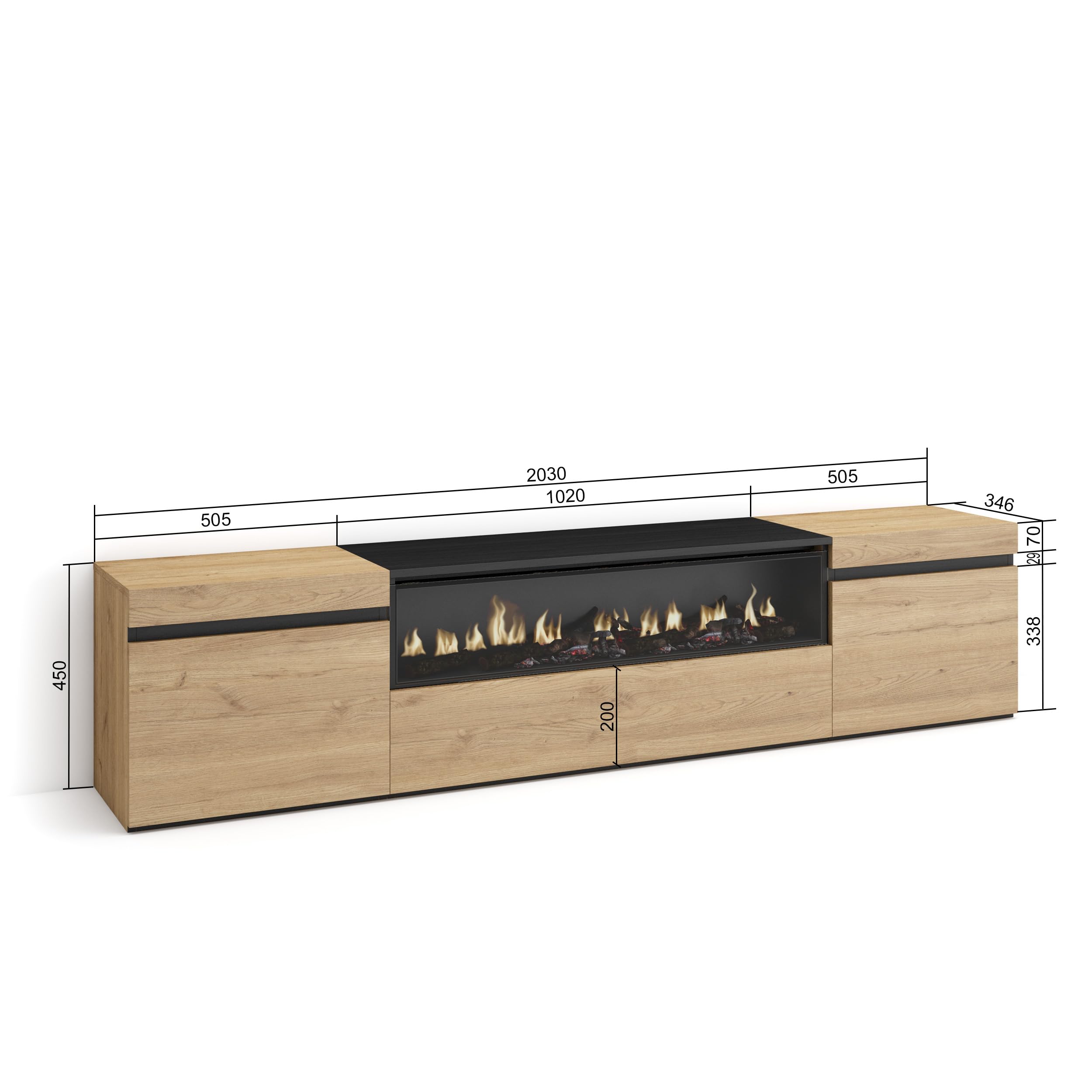 Skraut Home | Mueble TV | Televisión | Muebles de salón, almacenaje | 200x45x35cm | para TV hasta 80" | Chimenea eléctrica | Estilo Moderno | Roble y Negro