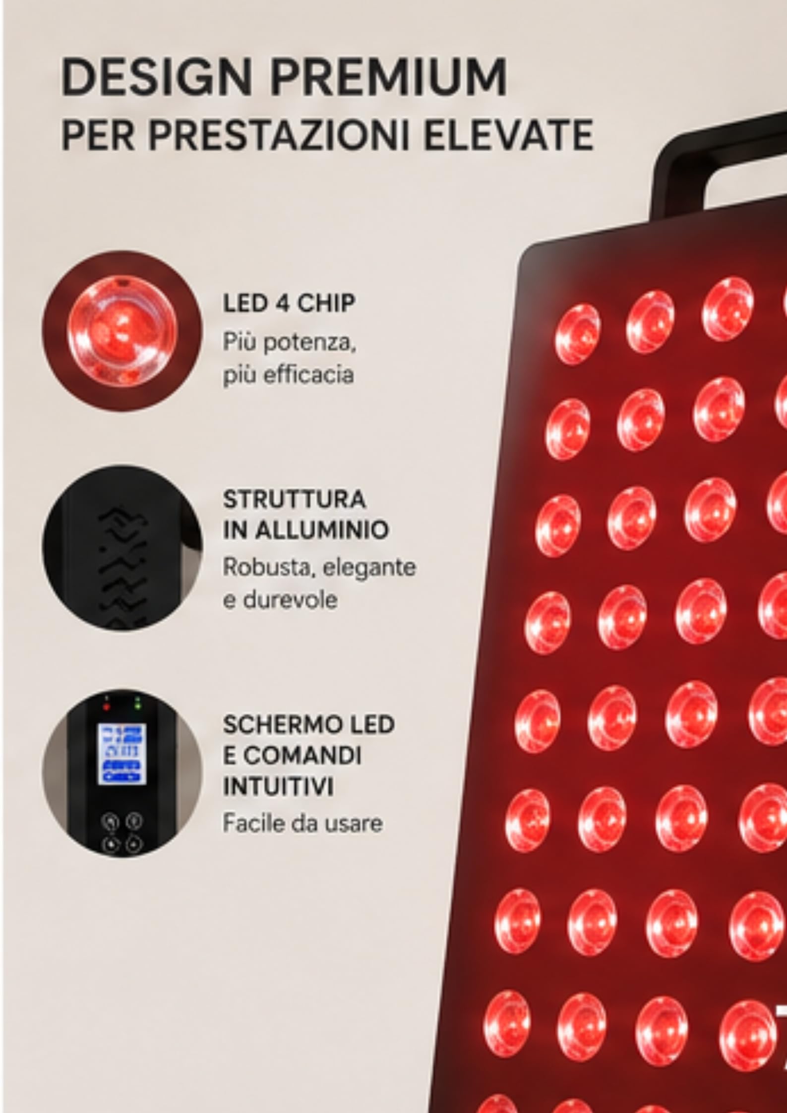 Lampada per terapia a luce rossa, 60 LED con tecnologia a 4 chip, 4 lunghezze d'onda (630 nm, 660 nm, 850 nm, 940 nm), intensità regolabile e timer, lampada a infrarossi per recupero muscolare