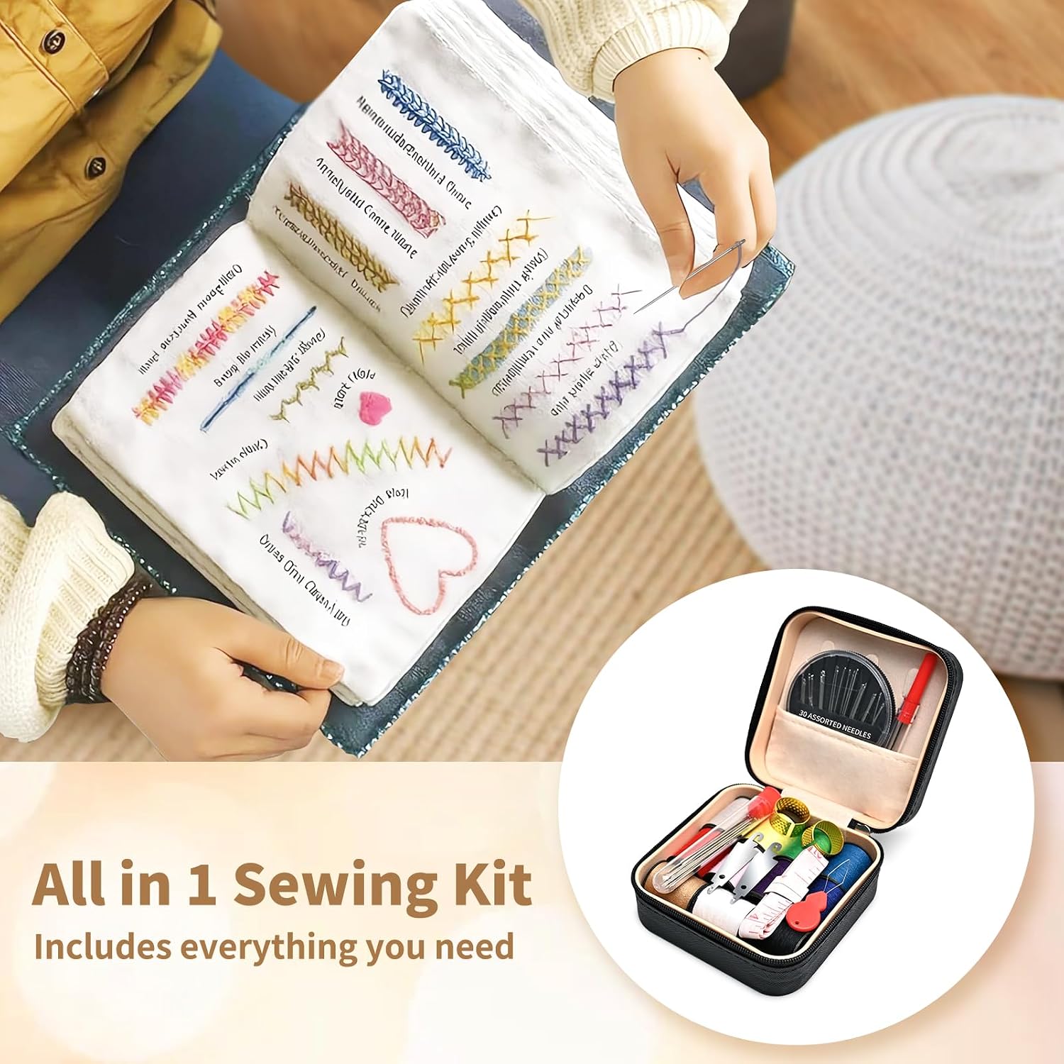 MASHDE 74 PCS Sewing Kit, Big Eye Steel Sewing Needles Kit with Storage Box, Include 55 Steel Needles for Hand Sewing, 11 Colored Threads, Tape Measure, Needle Threaders, Seam Rippers(Black ＆ Small)