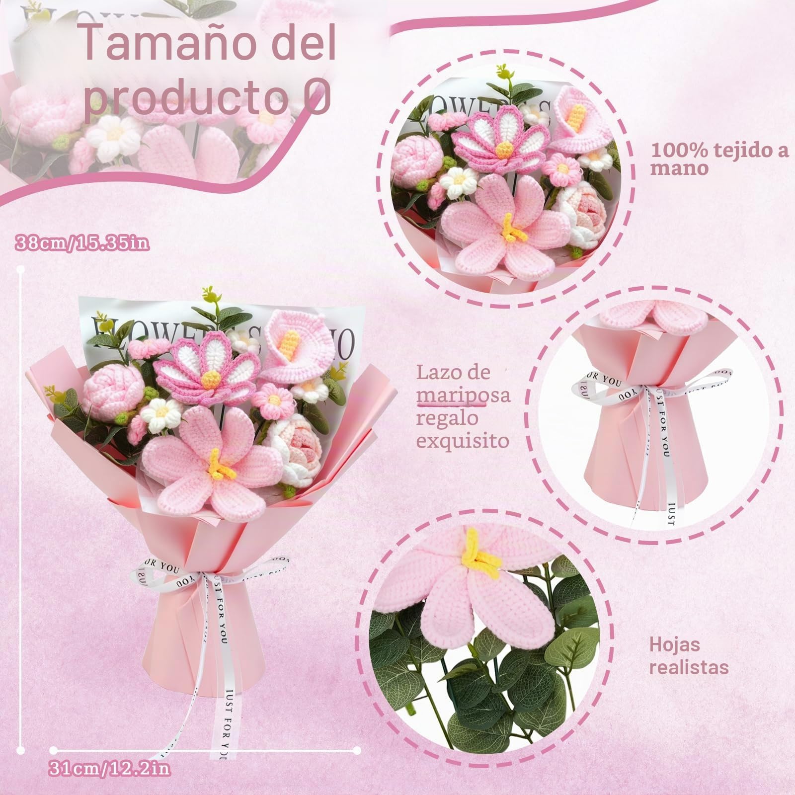 Ramo de flores de punto de ganchillo de rosas para decoración del hogar, aniversarios, bodas, cumpleaños, día de la madre con bolsa de regalo y tarjeta de felicitación, rosa
