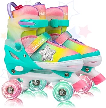 Girls Roller Skates for Kids Boys, Adjustable Double Row Quad Skate with Light-Up Wheels, Gradient Star Design for Beginners Ages 312