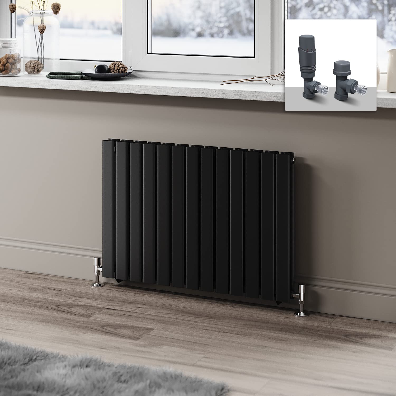 ELEGANT 600 x 884mm Radiator Black Horizontal Radiator Flat Panel Designer Radiator Double Panel Central Heating Radiator with Anthracite Thermostatic Valves