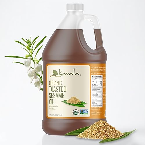 Kevala Aceite de sésamo tostado orgánico – Aceite con punto de humo medio adecuado para asar y freír, esencial para despensa de cocina, ideal para