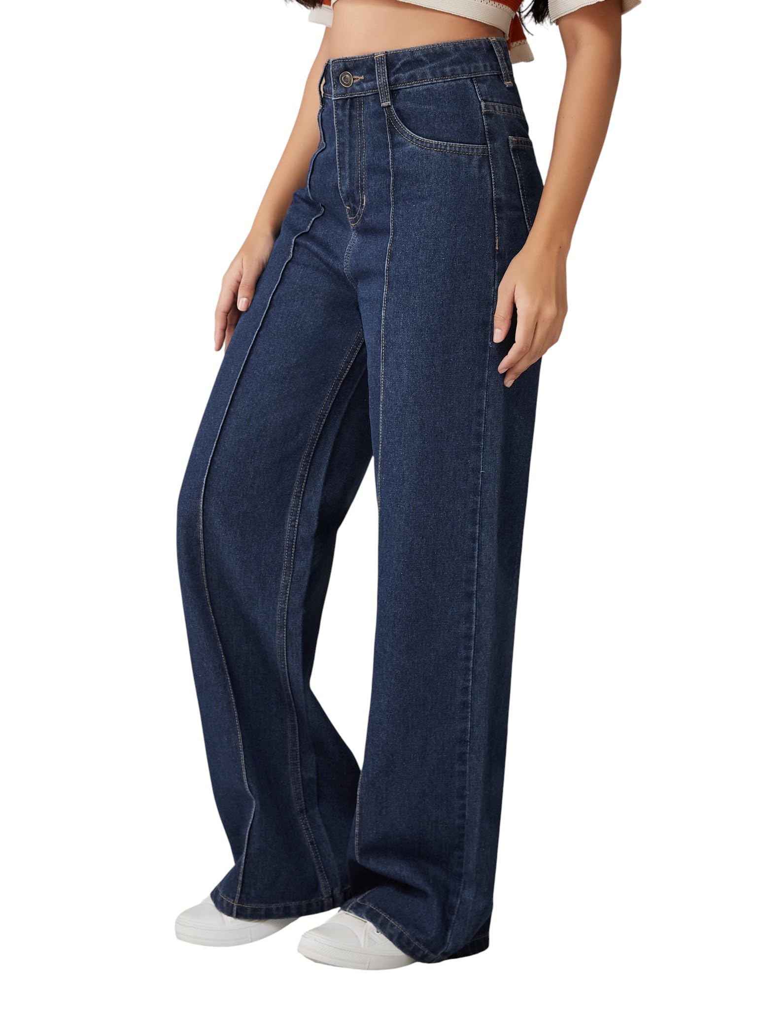dolce crudo Women High-Rise Dark Wash Bootcut Jeans with Plaid Slit Panel Detail-picture-16