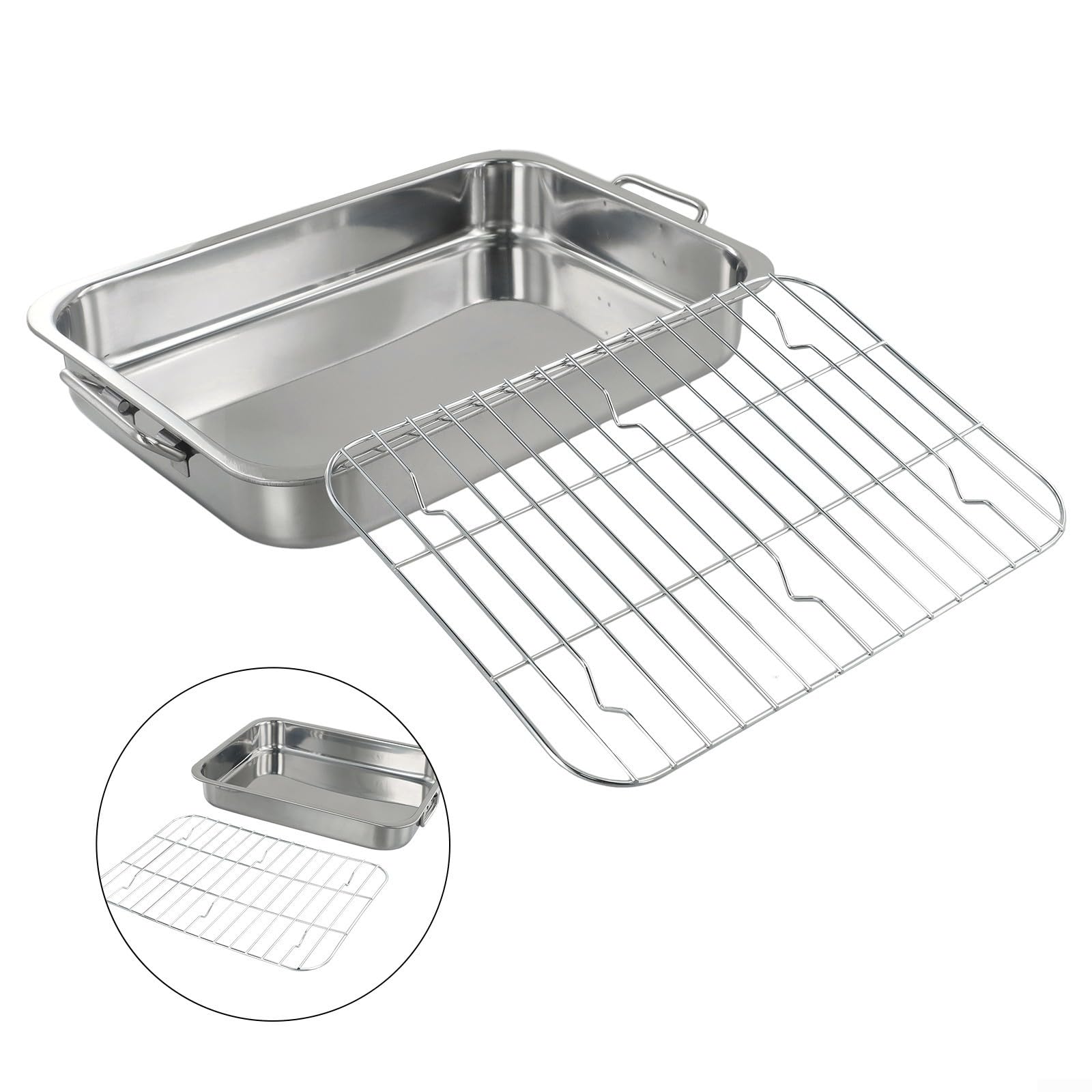 Bandeja de acero inoxidable con estante, para hornear y asar carnes y verduras en el horno (42 x 32 x 6,5 cm)