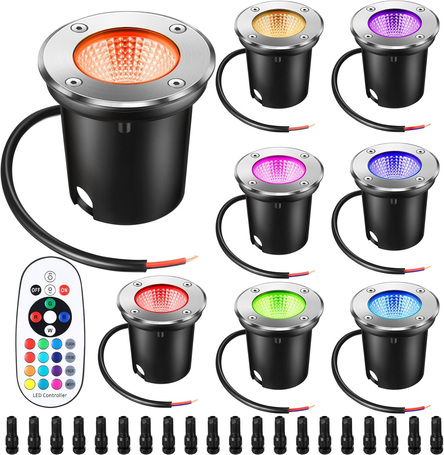 Tuanse 8 Pack Low Voltage Landscape Lights with 16 Connectors and 1 Remotes, RGBW Colored LED Well Lighting 12v-24v Waterproof Outdoor in Ground Lights for Garden Pathway Deck