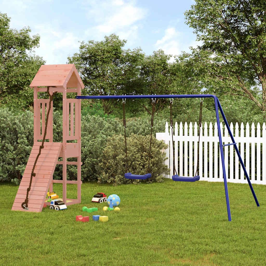 Spielturm aus Massivholz Douglasie mit Kletterwand Doppeltrapez Ringe Sandkasten und Schaukel für Garten Kinder Outdoor Spielplatz für Kinder ab 3 Jahren