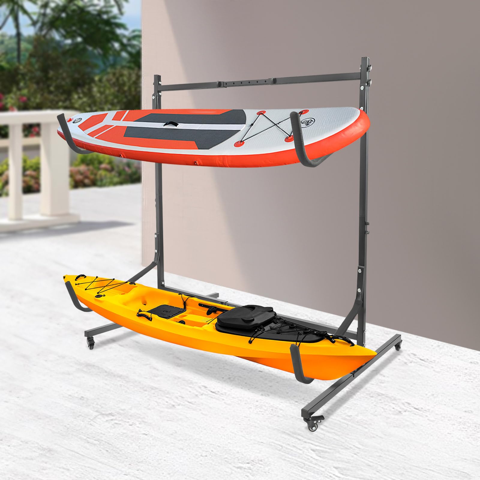 Eleeferri Kayak Rack, Heavy Duty Steel Canoe Racks for Garage and Outdoor, Rolling Kayak Stand with Wheels Adjustable Rack for Kayaks, Canoe, Surfboard & Paddleboard Storage (2 Levels for 2 Kayaks)
