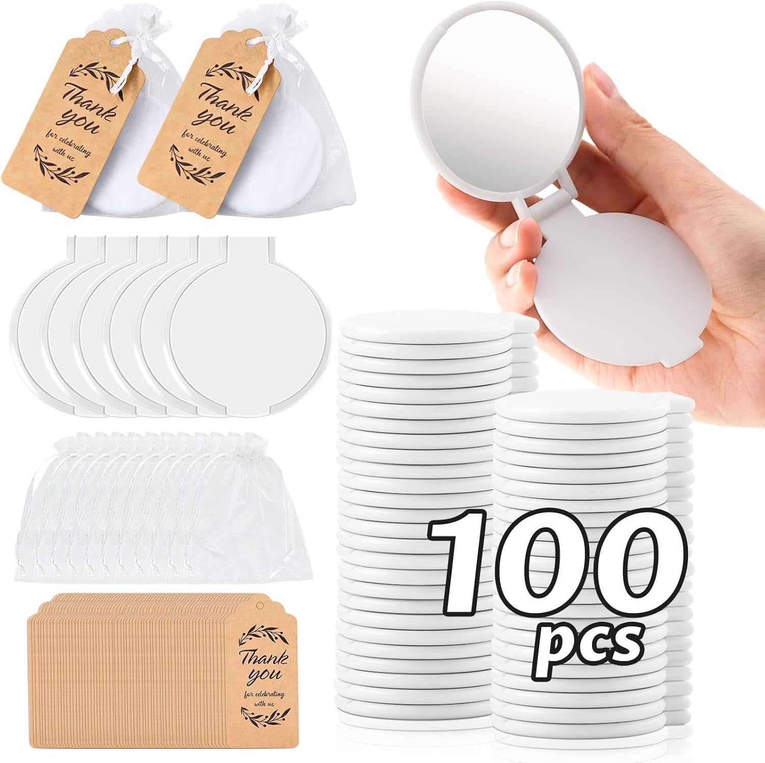 Easytle 100 Pcs Compact Mirror Bulk with Organza Bags & Thank You Cards‌, Wedding Party Favors‌ Mini Round Folding Mirrors Small Makeup Mirrorfor Purse Portable Pocket Mirror for Gifts DIY