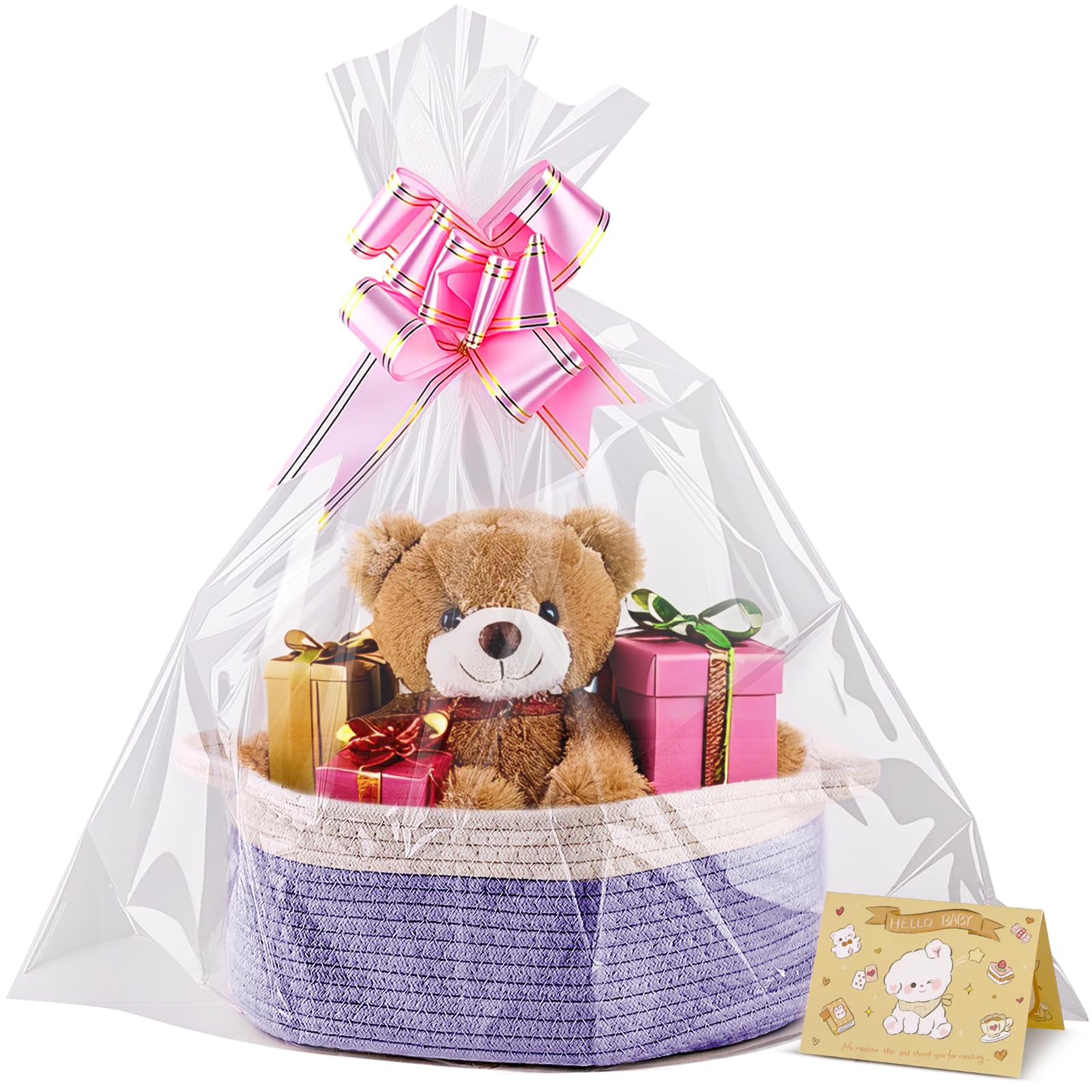 Boensi Small Woven Basket, 12" x 8" x 5" Gift Basket Empty with Ribbon and Gift Bag, Rope Basket for Baby Shower, Holiday Presents,Storage Basket with