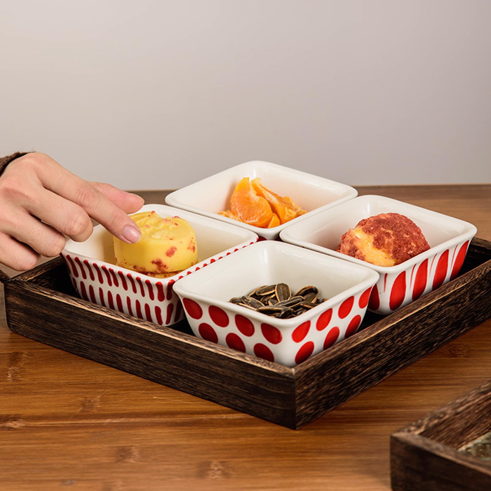 Dxcaicc Plateau De Service Divisé en Céramique avec Fleurs De Bégonia, Émail, Verre, Bois, Plateau À Apéritif, Peint À La Main avec Motif Rouge, Bols Carrés en Céramique,A
