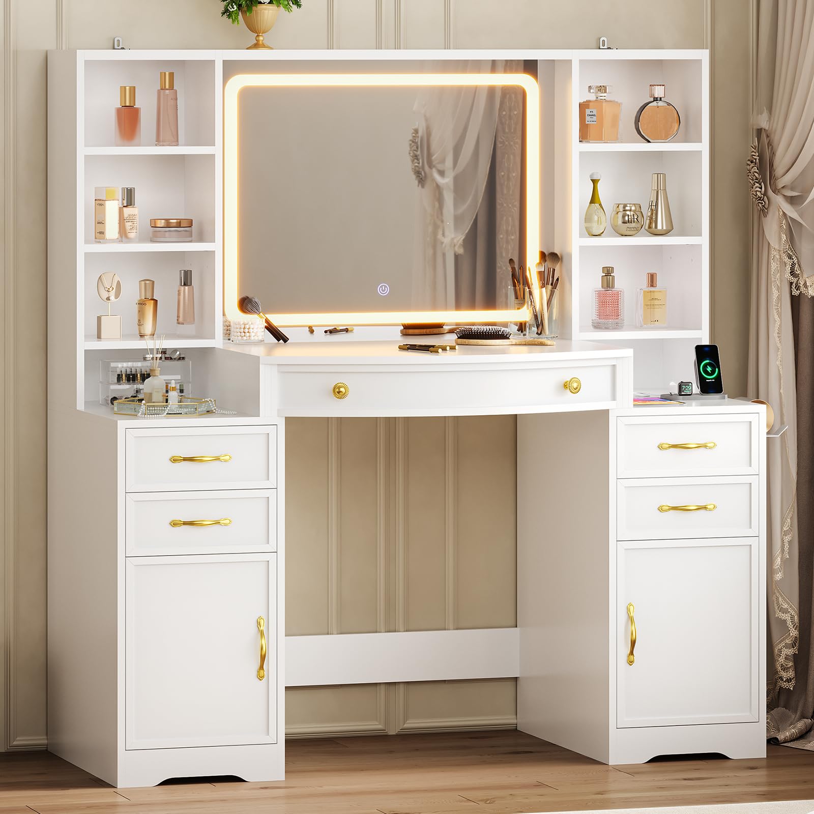 Large Makeup Vanity with LED Mirror and Charging