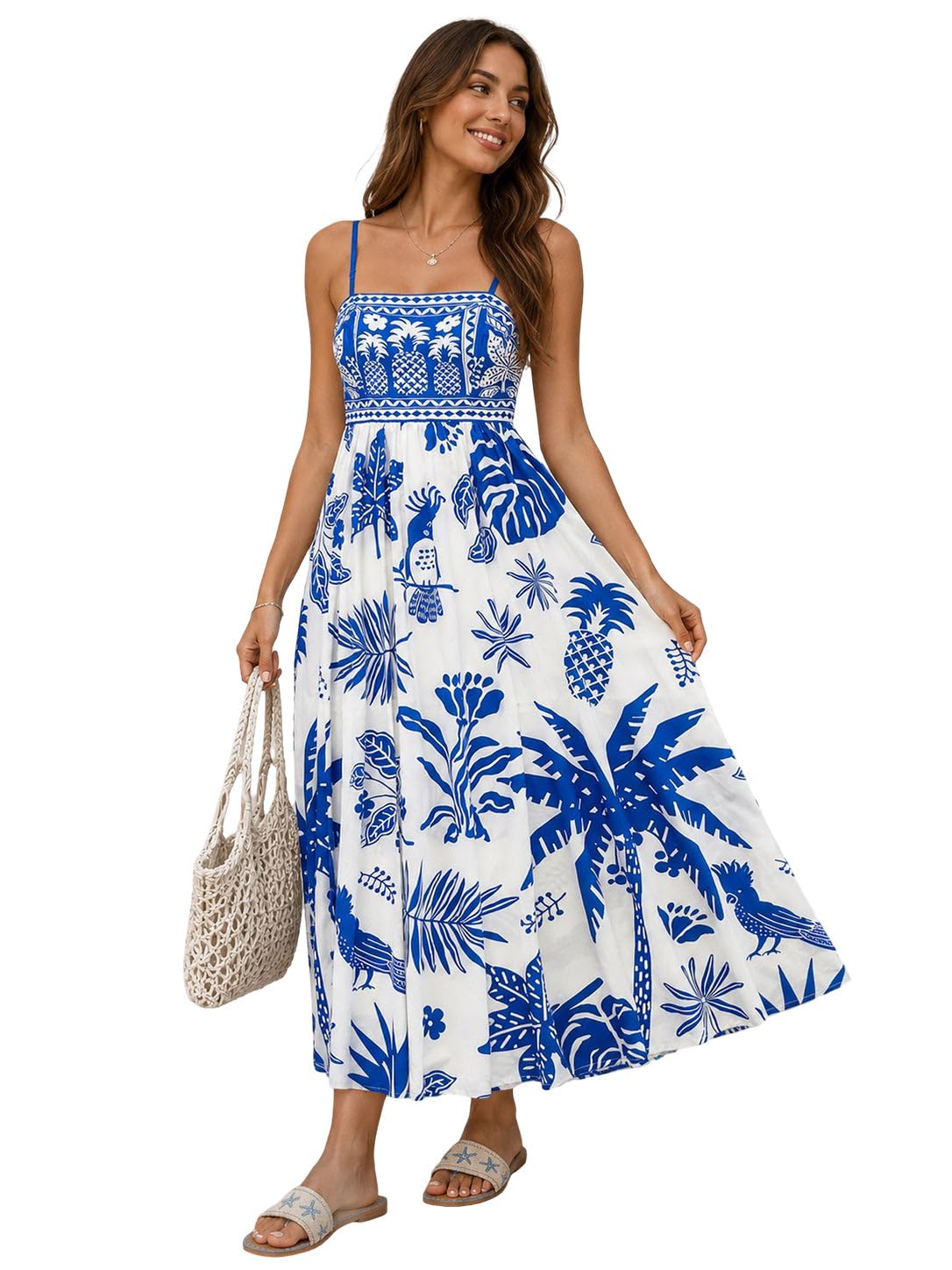 Women's Blue & White Tropical Print Sleeveless Fit & Flare Maxi Dress | Square Neck | Beach, Vacation & Summer Casual Dress-picture-11