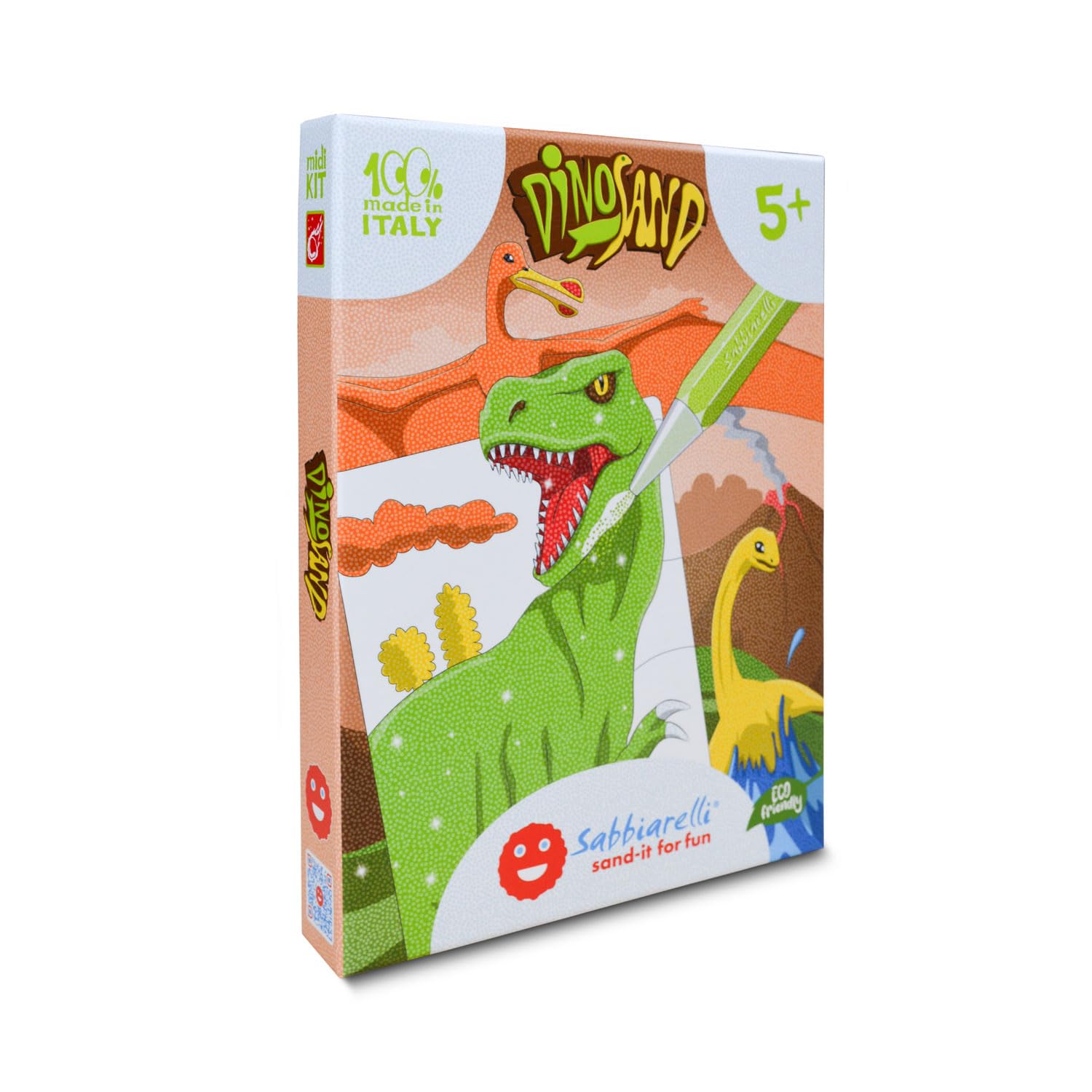 Sabbiarelli Sand-it For Fun – Kit Dinosand 5+ | Kit di Sand Art a Tema Dinosauri 100% Made in Italy con Sabbia Colorata, Disegni Adesivi e Accessori | Lavoretti Creativi per Bambino 5-12 anni