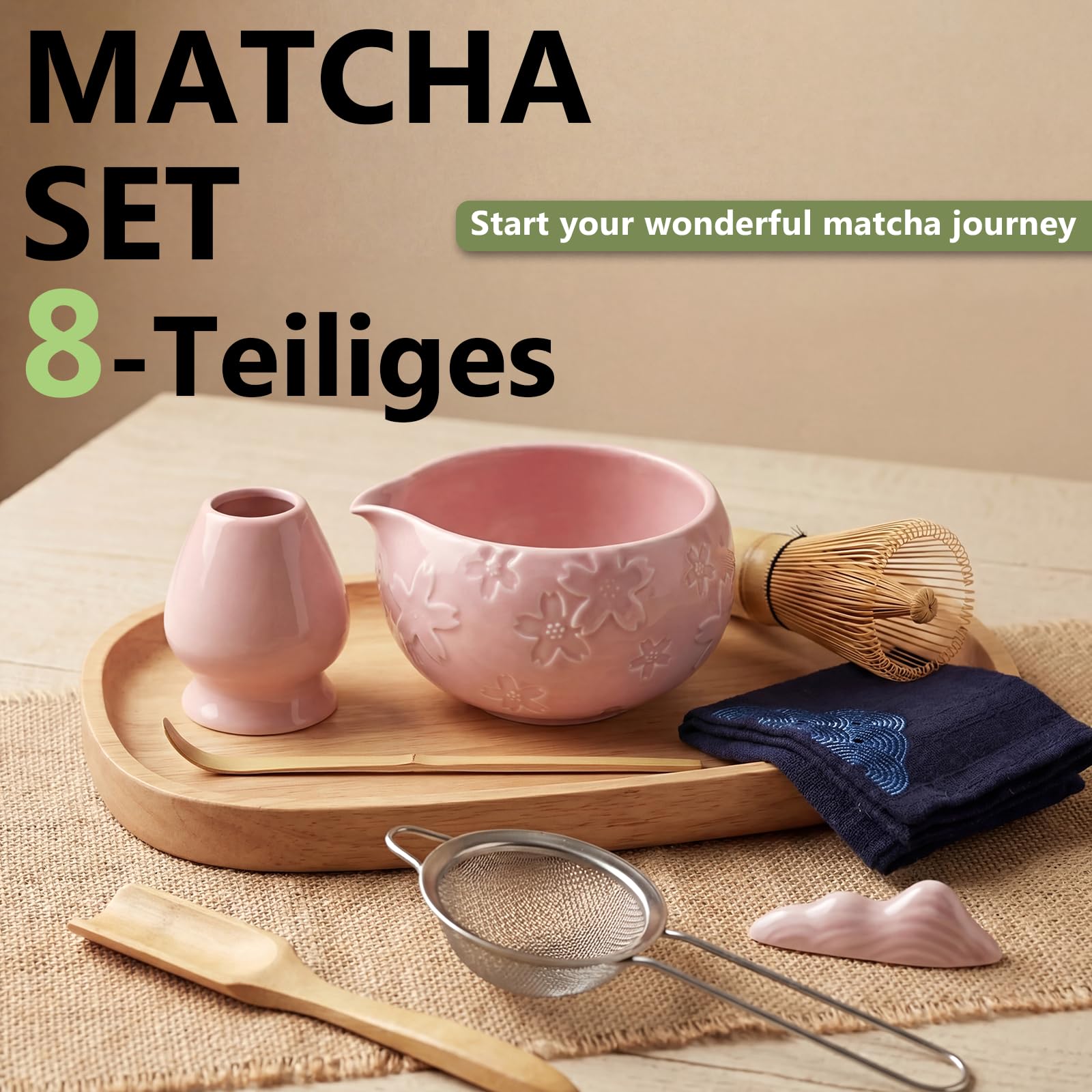 8 pezzi Matcha Kit, Matcha Set tradizionale in ceramica con Frusta Matcha, Ciotola, Cucchiaio, Filtro, Supporto, Kit Matcha completo, Elegante Set per Amanti del Matcha, Rosa