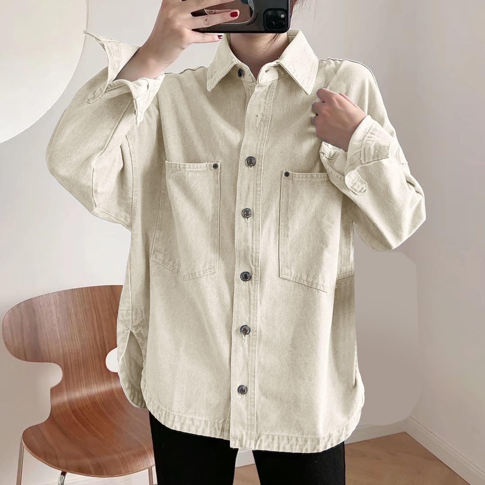 Camicia da donna lunga, oversize, con tasche sul petto, con bottoni, a maniche lunghe, in jeans, estiva, casual, elegante, vestibilità regolare