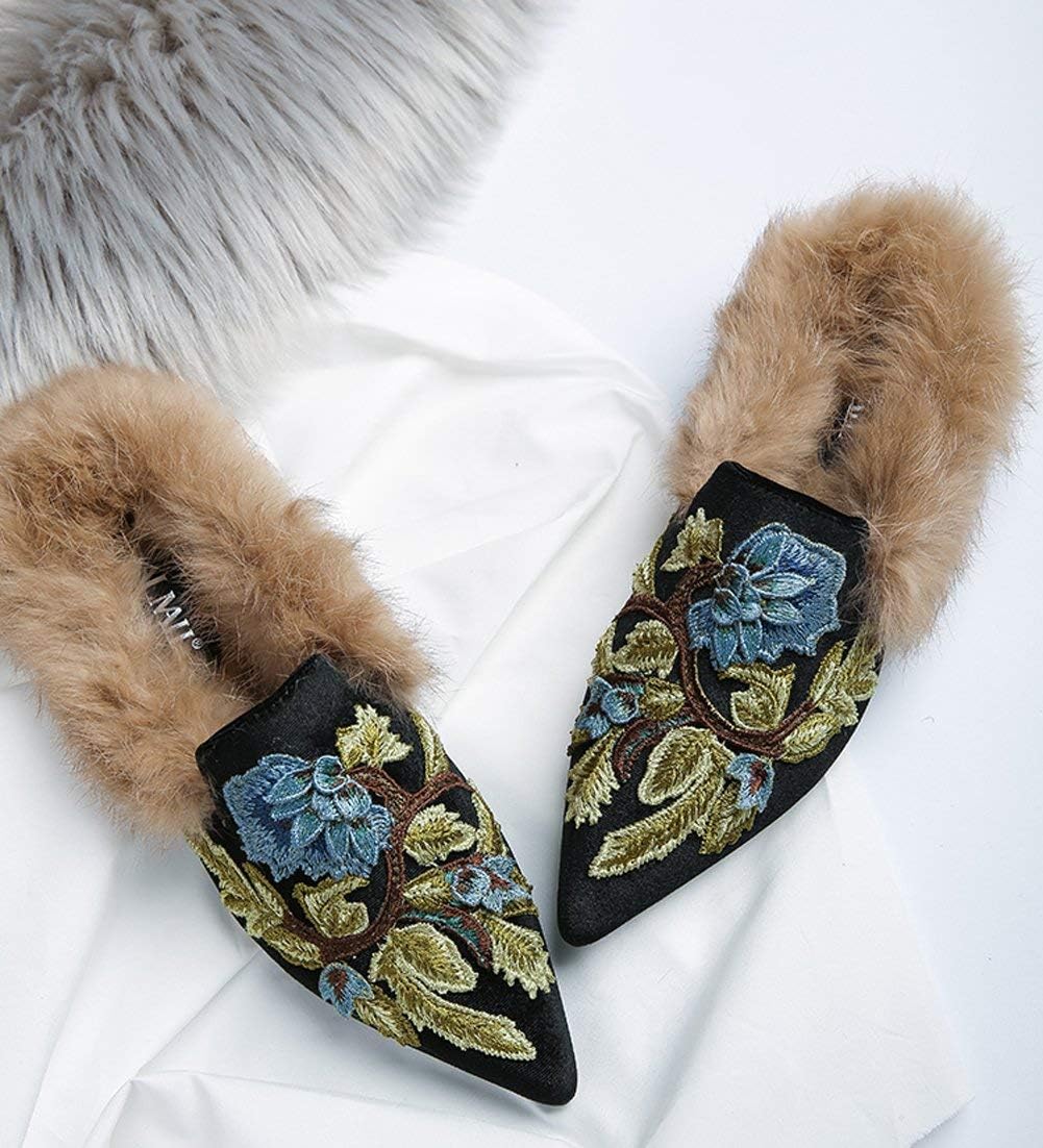 Fericzot Slip On Loafers Womens Embroidery Mule Shoes with Plush Lamb Fur Velvet Slippers Backless Pointed Toe Mule Slides - Image 2