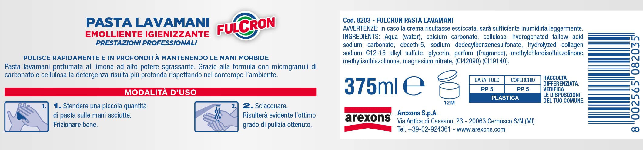 FULCRON 8203 Pasta Lavamani 375 ml, Emolliente e Igienizzante, Sgrassante Industriale, Bianco (Confezione da 2)