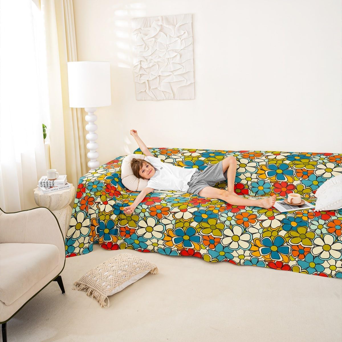 jejeloiu Retro Hippie Flower Sofa Covers Washable 60S 70S Groovy Cushion Couch Covers for Dogs Cats Pets Cartoon Vintage Boho Plant Floral BotanicalFurniture Slipcovers Non-Slip Green Blue,71" X118"