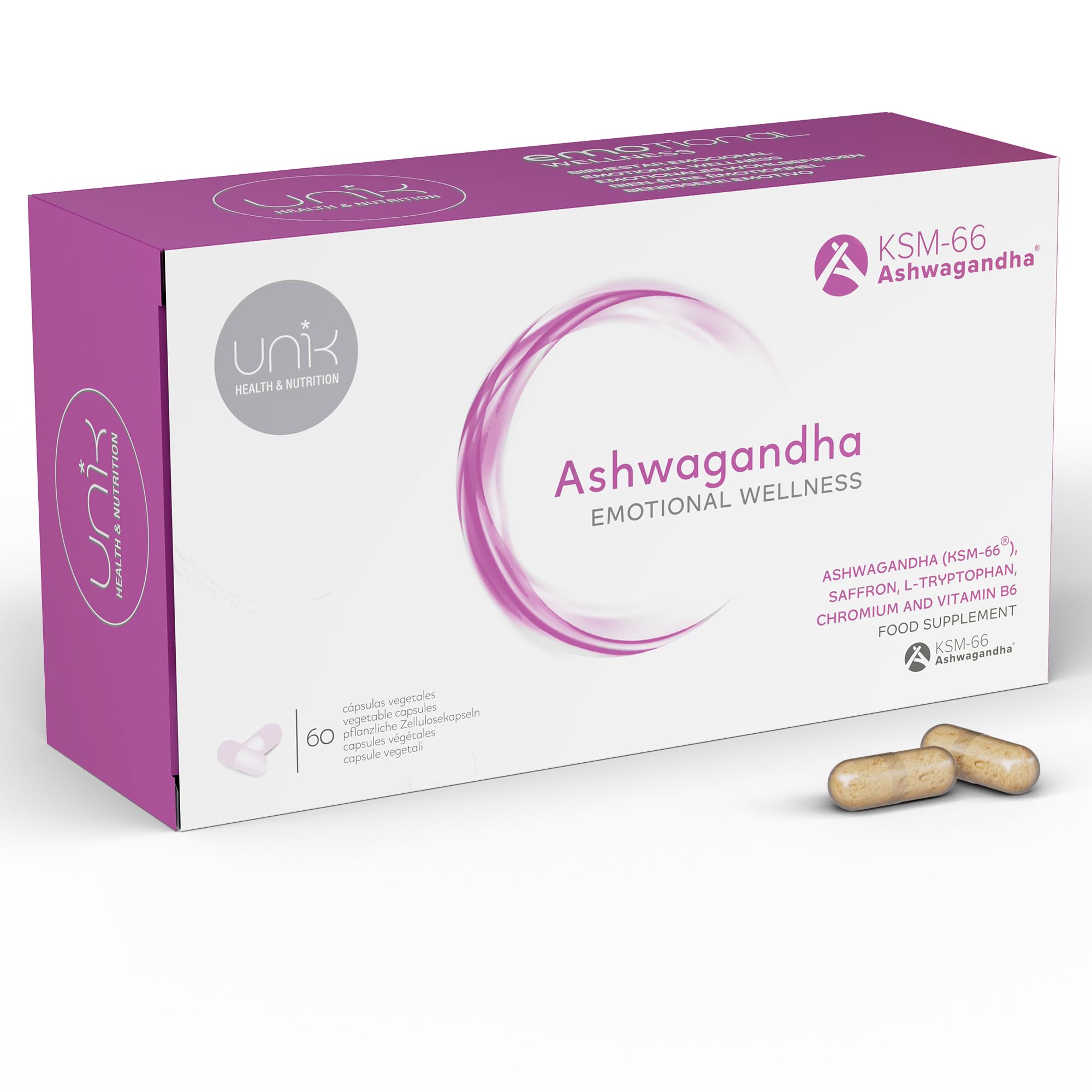 Bien-être émotionnel Unik | Anxiété, stress, supplément d'humeur | Ashwagandha KSM-66 + Safran + Tryptophane + Chrome Vitamine B6 | 60 Gélules | Lab Unik Health & Nutrition