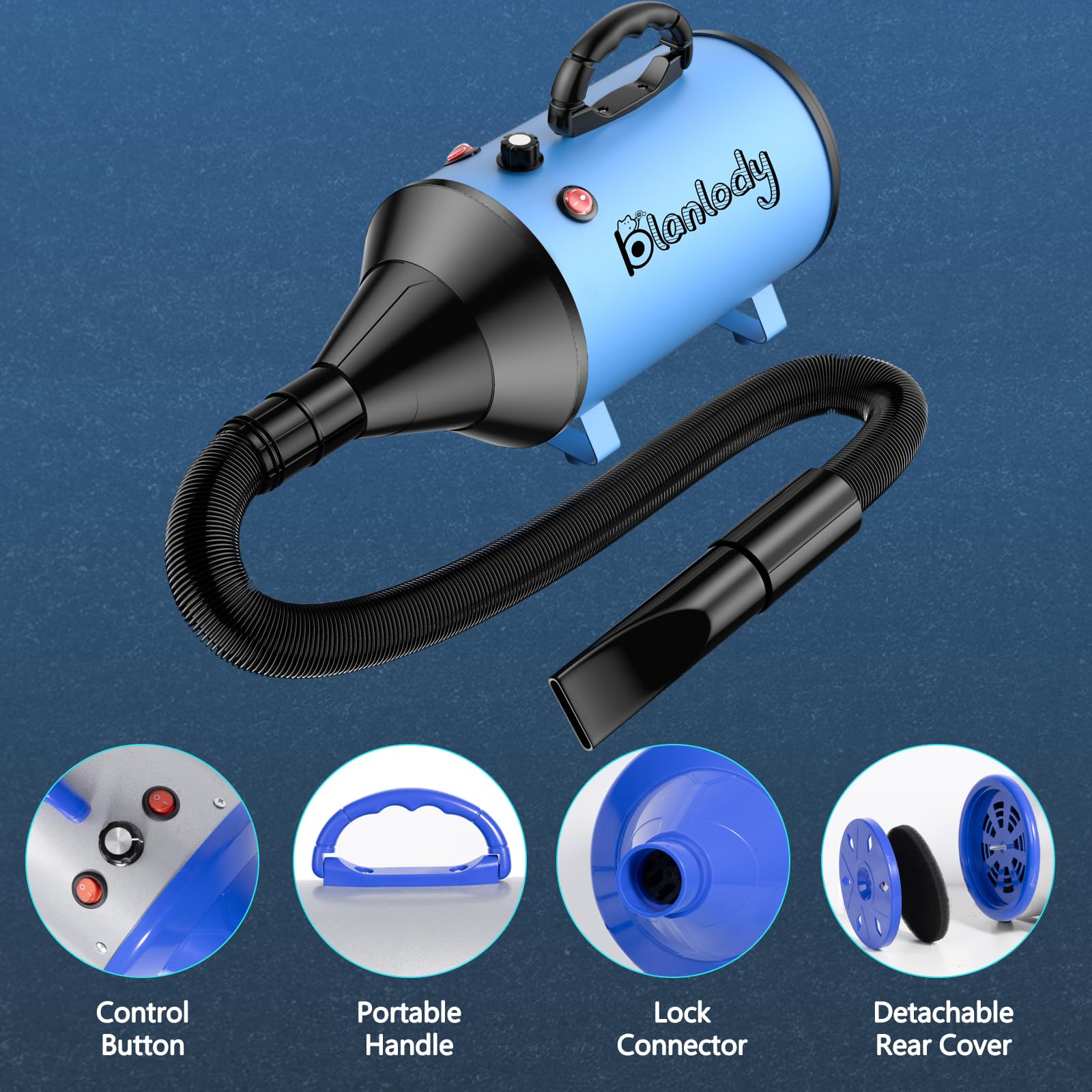 Secador de Pelo de Perro Blaster 3800 W/5.2 HP, secador de Pelo para Mascotas, Calentador de Temperatura de bajo Ruido con 4 boquillas Diferentes y Cepillo de Aseo para Mascota