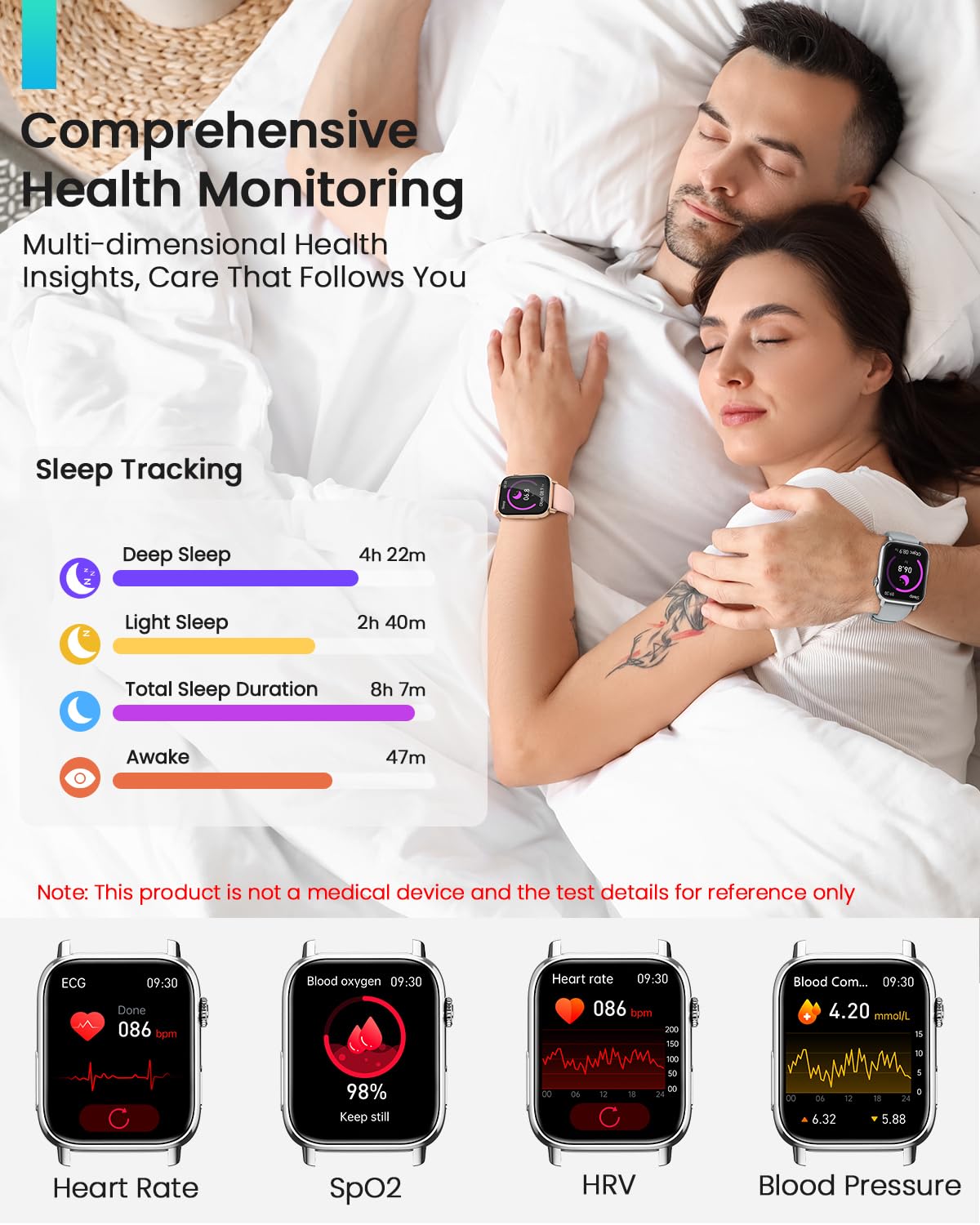 BANLVS Smartwatch Uomo Donna con 𝐆𝐥𝐢𝐜𝐞𝐦𝐢𝐚/𝐇𝐑𝐕/𝐄𝐂𝐆, 1,83" Orologio Fitness con Chiamate, 24H Cardiofrequenzimetro SpO2, Sonno, 150+ Sport, Notifiche Messaggi, IP68 Android iOS Argento