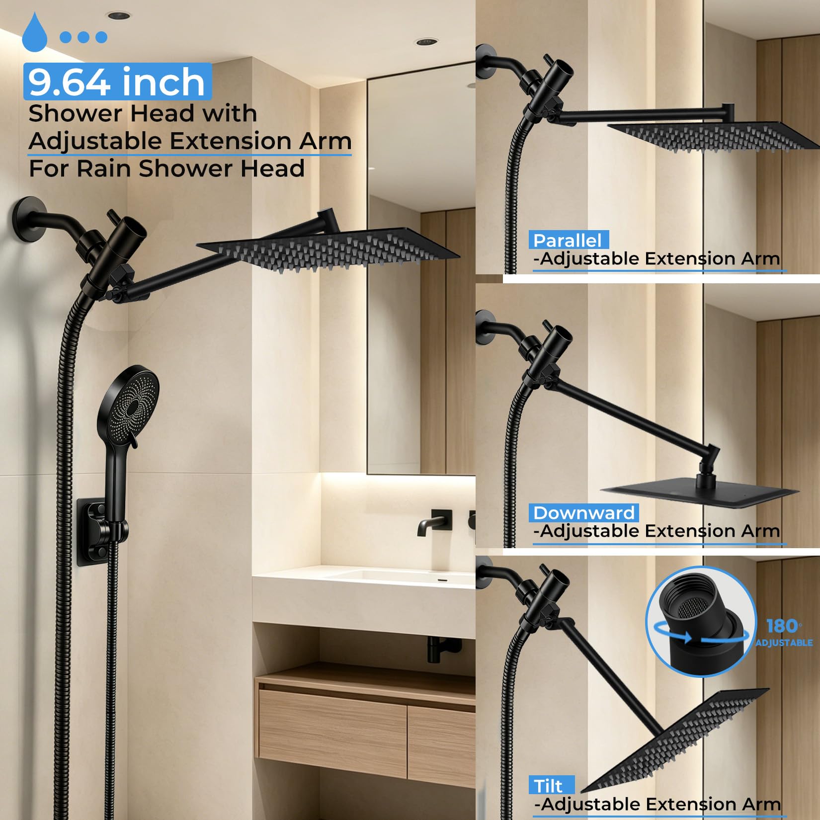 Cabezal de ducha, cabezal de ducha multifunción de alta presión de 8 pulgadas con rociador de mano, brazo de extensión ajustable de ángulo de 11 pulgadas, regulador de flujo/sistema de ducha, negro