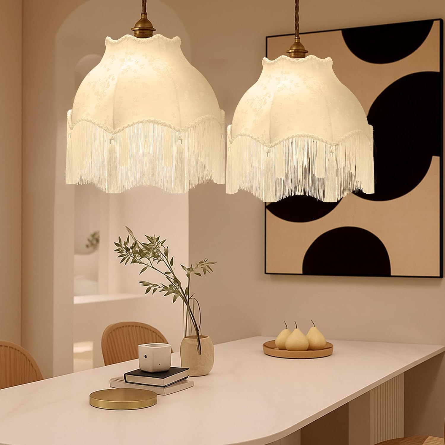 VIHOSE Victorian Scallop Lamp Shade Vintage Large 7.5" Top x 15.8" Bottom x 15 "High Replacement Lamp Shade with Tassels and Fringe Finial Fitting Bell Shape Scallop Fringe(Cream White)