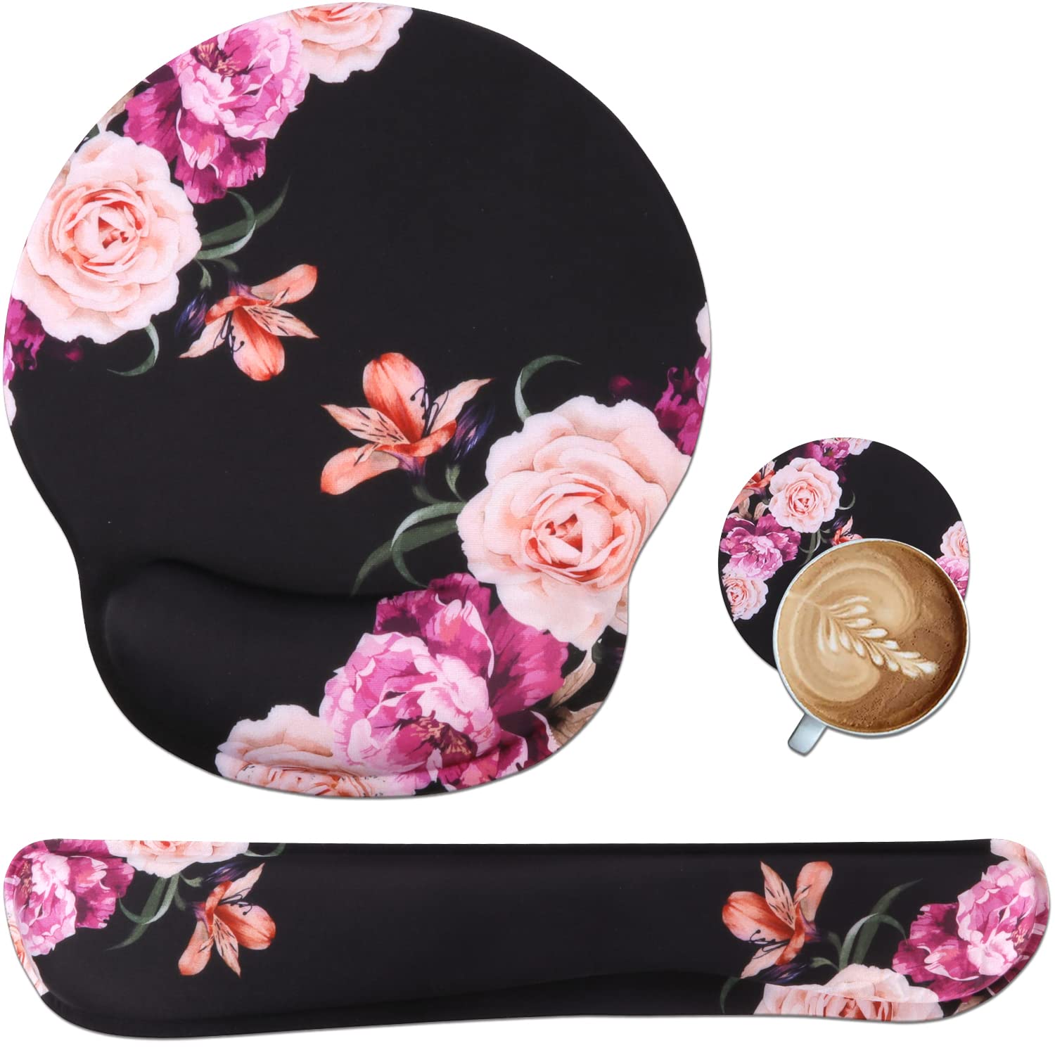 iLeadon Mouse Pad with Wrist Support Keyboard Wrist Rest Set, Ergonomic Mouse Pad with Non-Slip Base for Computer Laptop Home Office + Coasters, Easy Typing & Pain Relief Mouse Mat, Peony Flowers