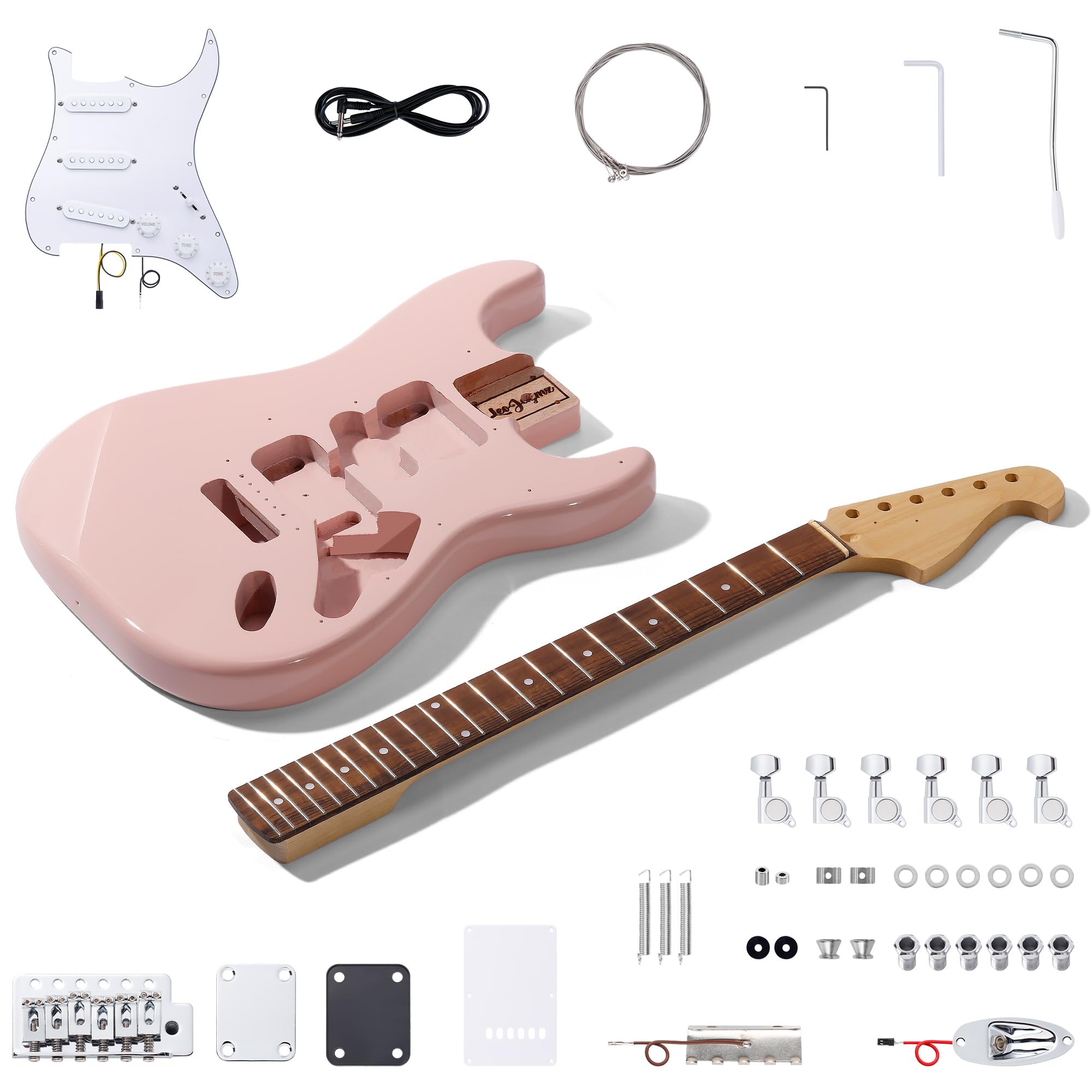Leo Jaymz DIY ST Style Electric Guitar Kits,Spray-painted Mahogany Body,Laurel Wood Fingerboard and Maple Neck, including all Components (ST-Light Pink)