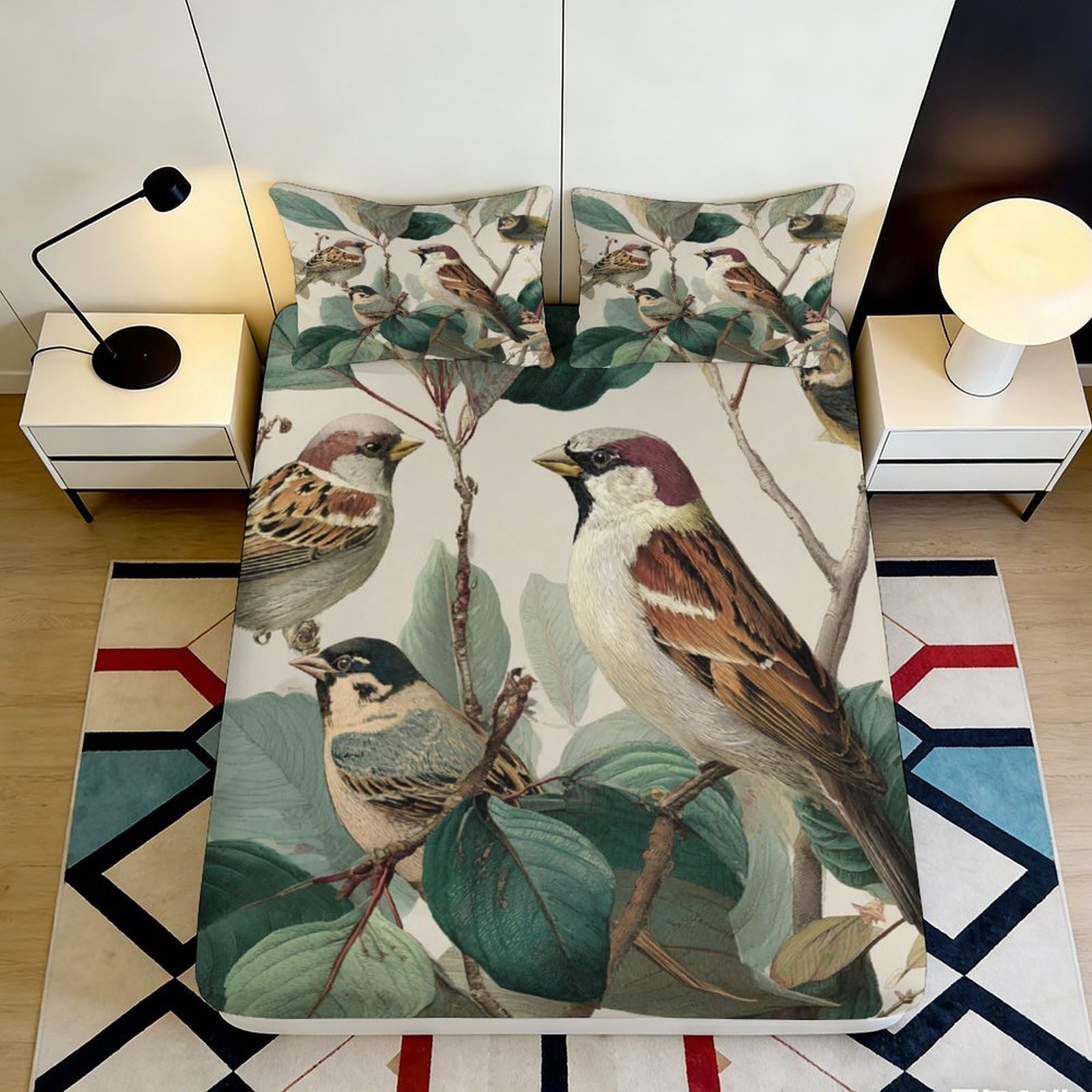 Uxinyoume Style-4 3D Printed Vintage Bird Fitted Sheet Microfiber Soft Breathable Botanical Leaves Mattress Cover For Bedroom Dorm Decor 90X200x25cm