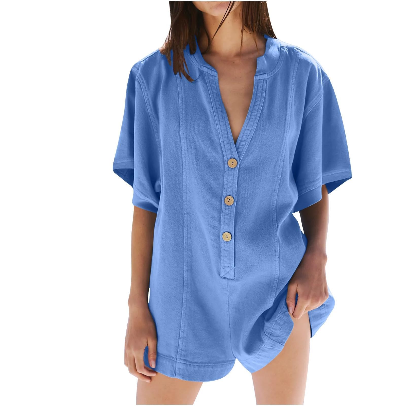 Generic 2024 Mono Mujer Verano Cortos Moda Camiseta y Pantalones Cortos Mono Pantalones Cortos Y Vestidos Verano Para Mujeres Pantalones Cortos Casual Mono Botones Cuello V Color SóLido Para Mujeres