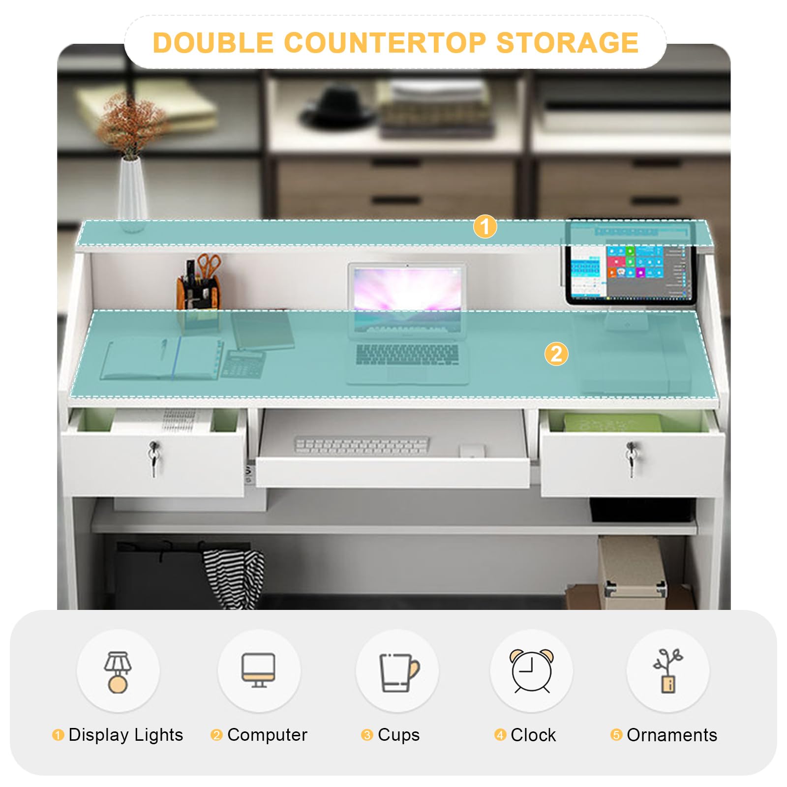 Mostrador de recepción, mostrador Frontal con cajón con Cerradura y luz, mostrador minorista para Caja, Escritorio de Madera para computadora para Oficina, vestíbulo, Tienda de Ropa, salón