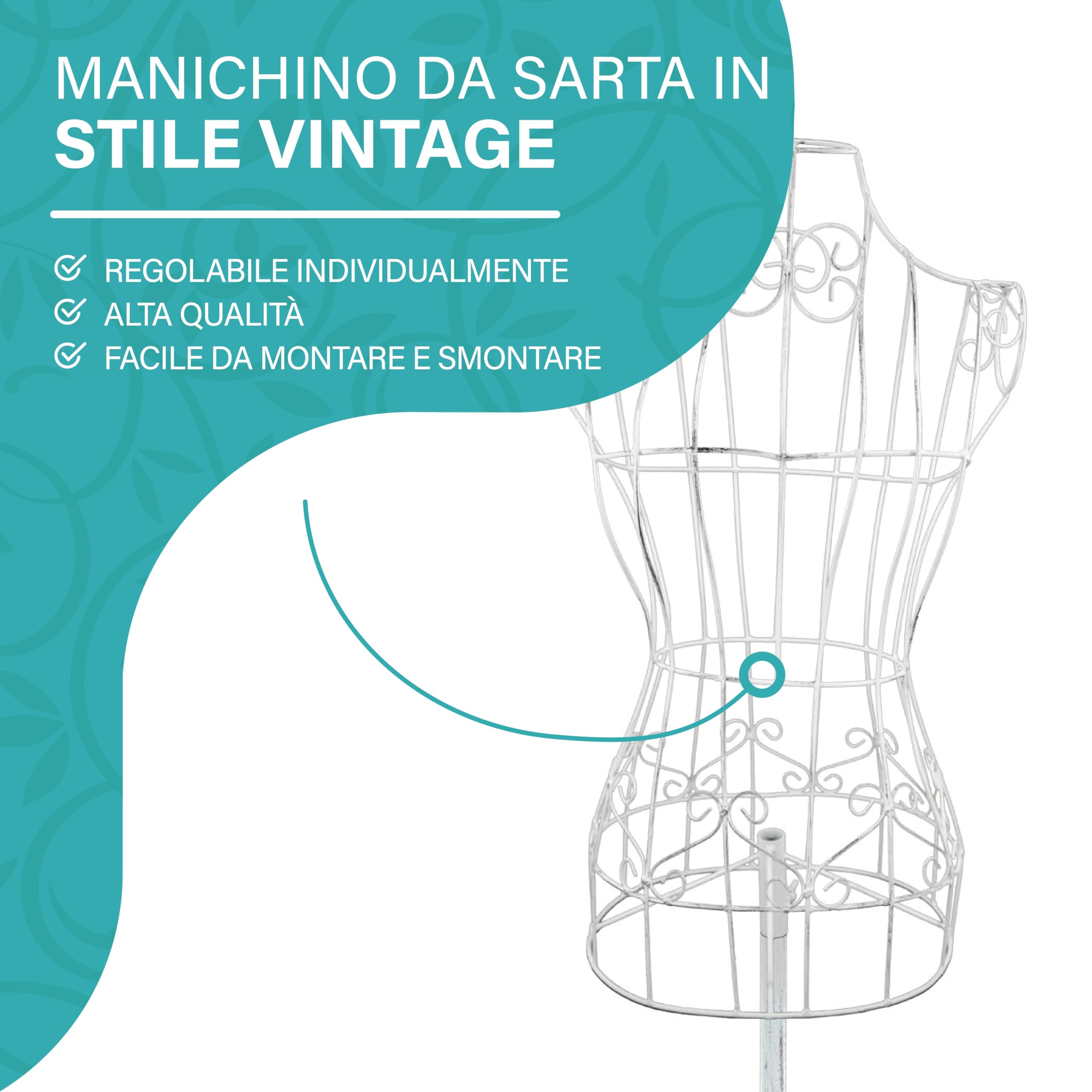PrimoLiving - Manichino da sartoria in metallo, regolabile in altezza, colore bianco anticato, modello P-12888