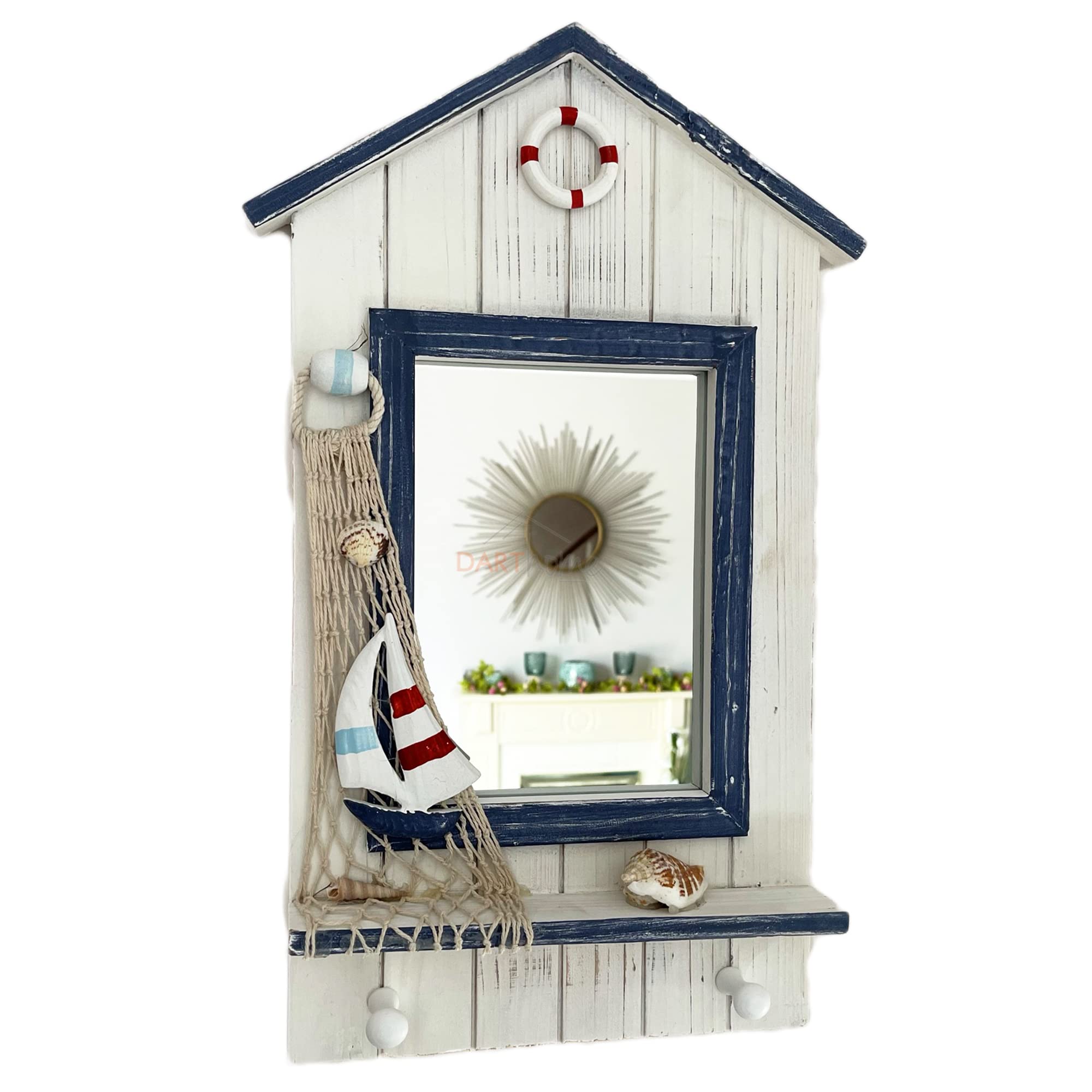 Darthome Rectangle Bathroom Wall Mirror Wood Nautical Boat Decoration 2x Key Hooks 47cm, White, Blue